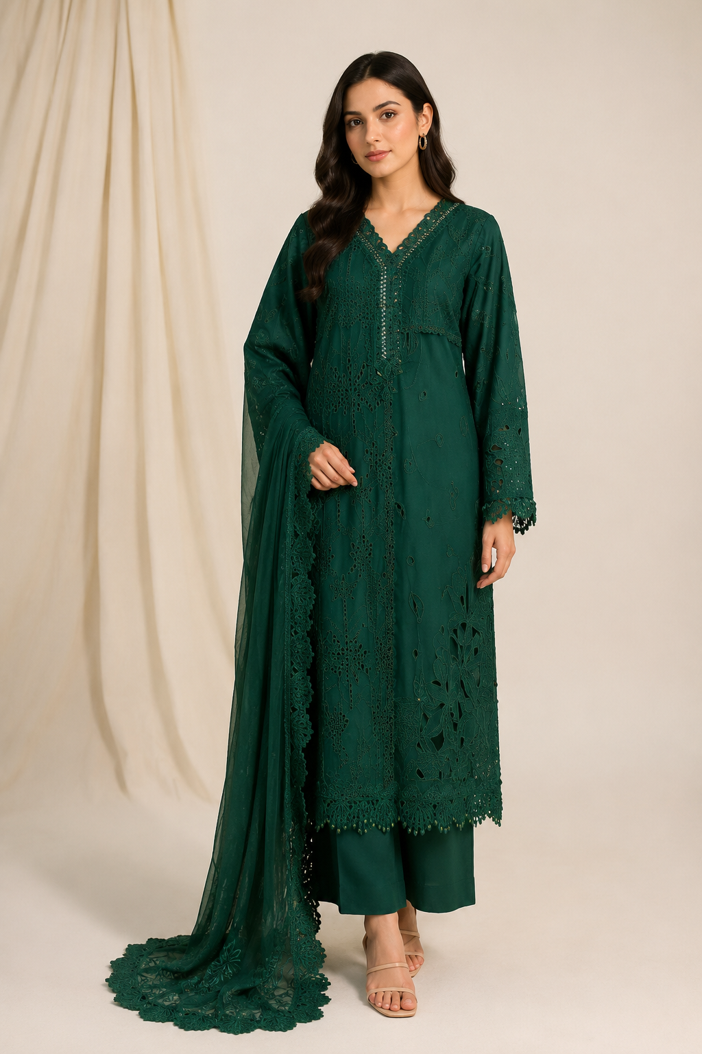 Emerald green embroidered Pakistani lawn suit for women