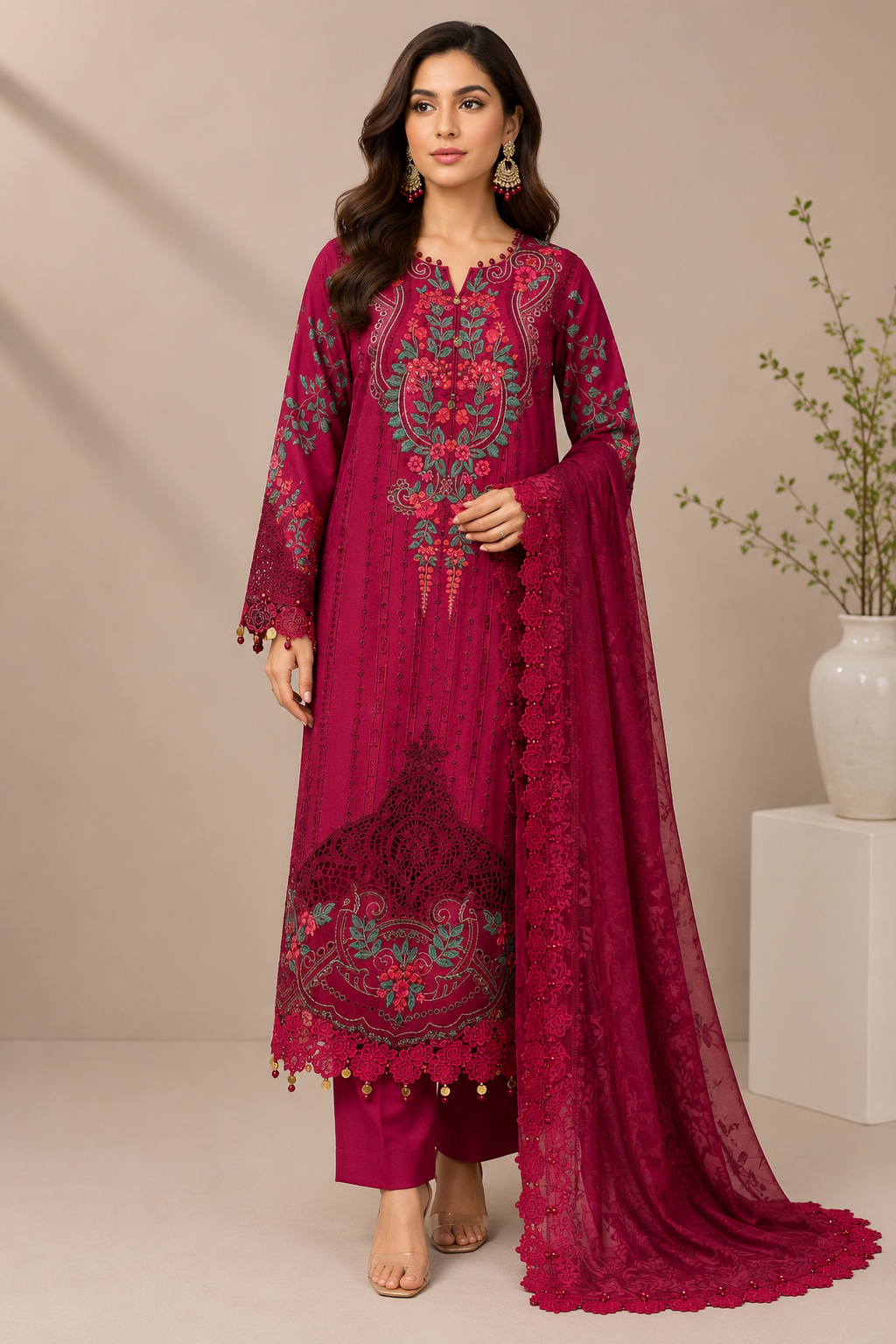 Ready-to-wear red Pakistani-Indian embroidered lawn dress with dupatta in US