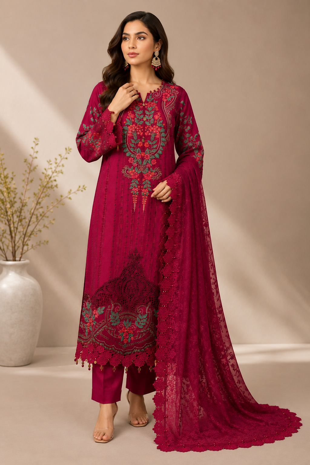 Ready-to-wear red Pakistani-Indian embroidered lawn dress with dupatta in US