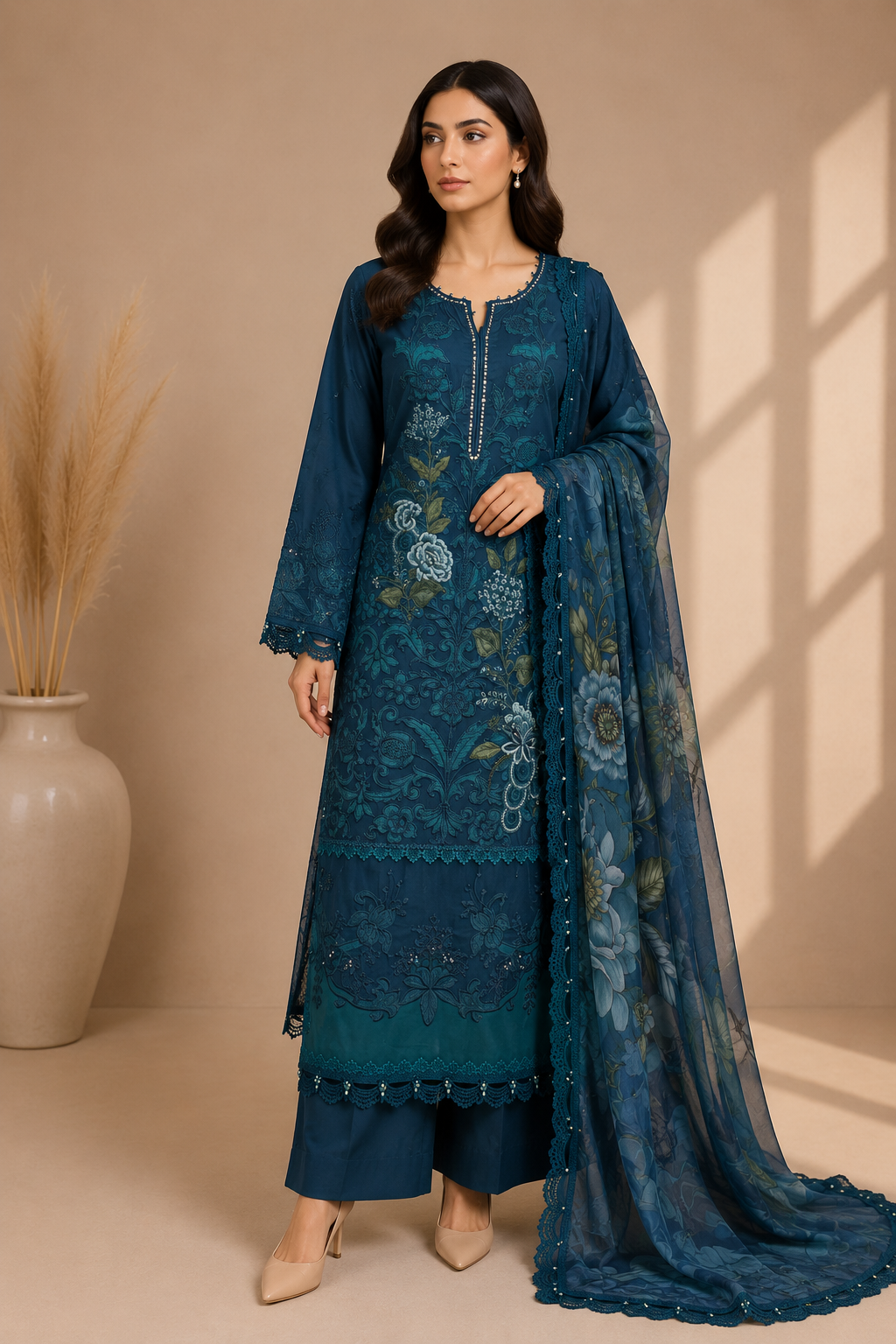 Sea Green Embroidered Pakistani Lawn 3-Piece Suit for Women | Stitched Ready-to-Wear | EL-26-06