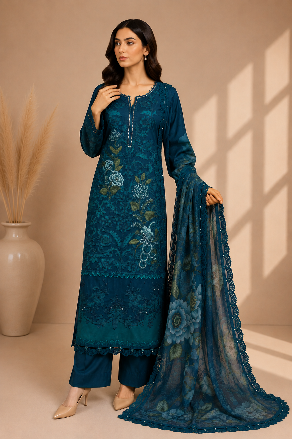 Sea Green Embroidered Pakistani Lawn 3-Piece Suit for Women | Stitched Ready-to-Wear | EL-26-06