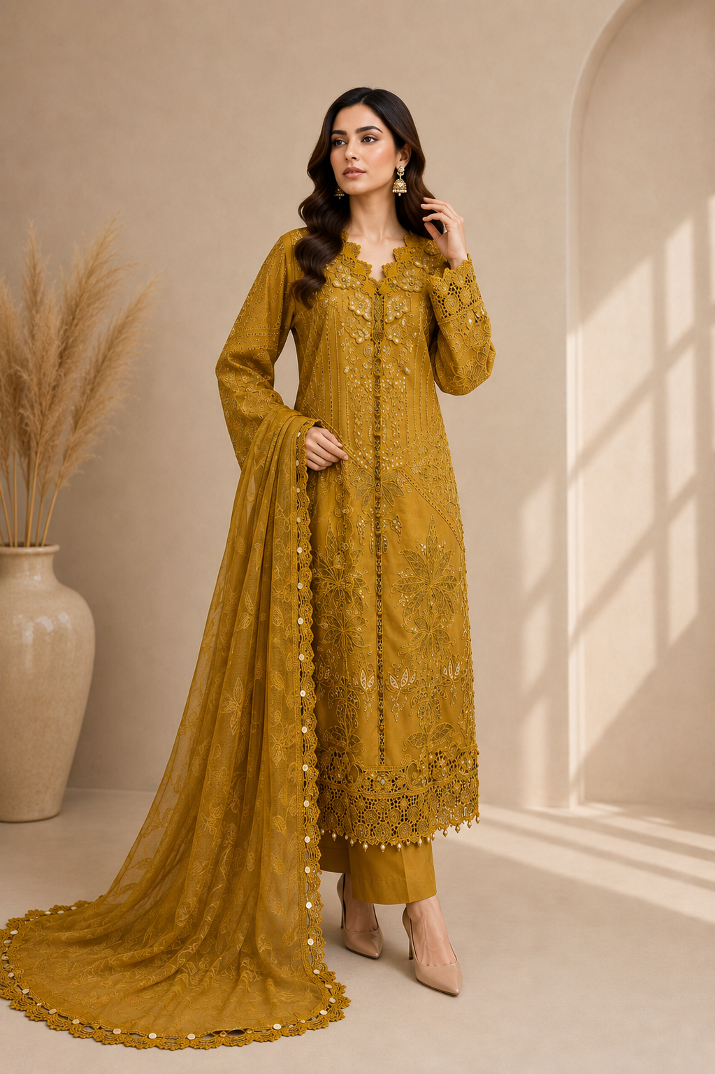 Mustard Embroidered 3-Piece Lawn Suit | Custom Stitched Maria B. Pakistani Dress | EL-26-07