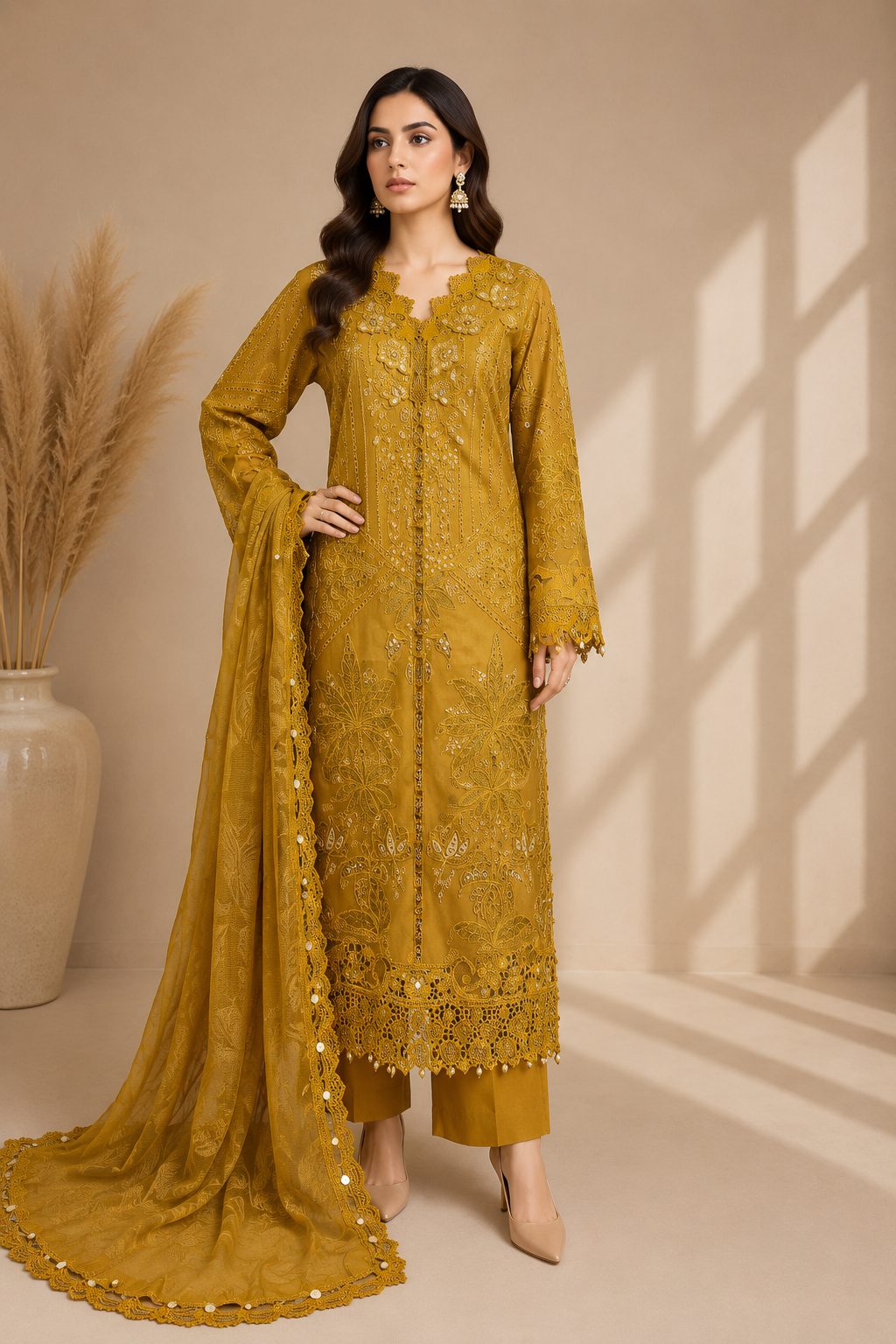 Mustard Embroidered 3-Piece Lawn Suit | Custom Stitched Maria B. Pakistani Dress | EL-26-07