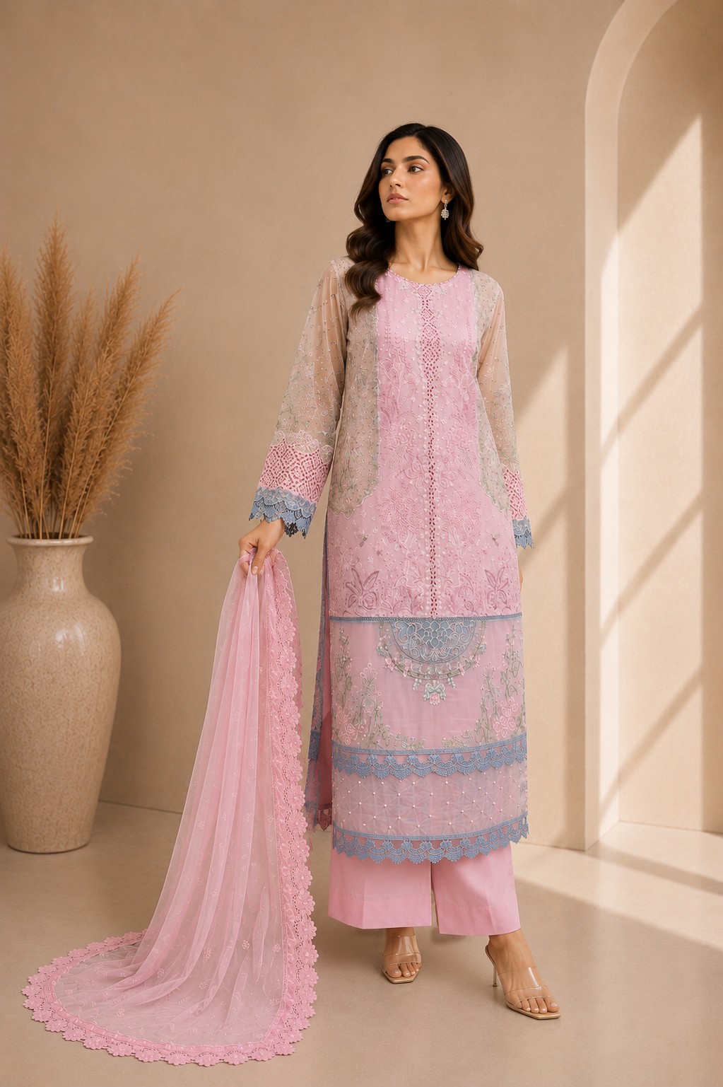 Pink Embroidered Pakistani Lawn Suit for Women | Ready-to-Wear Maria B Salwar Kameez | EL-26-09