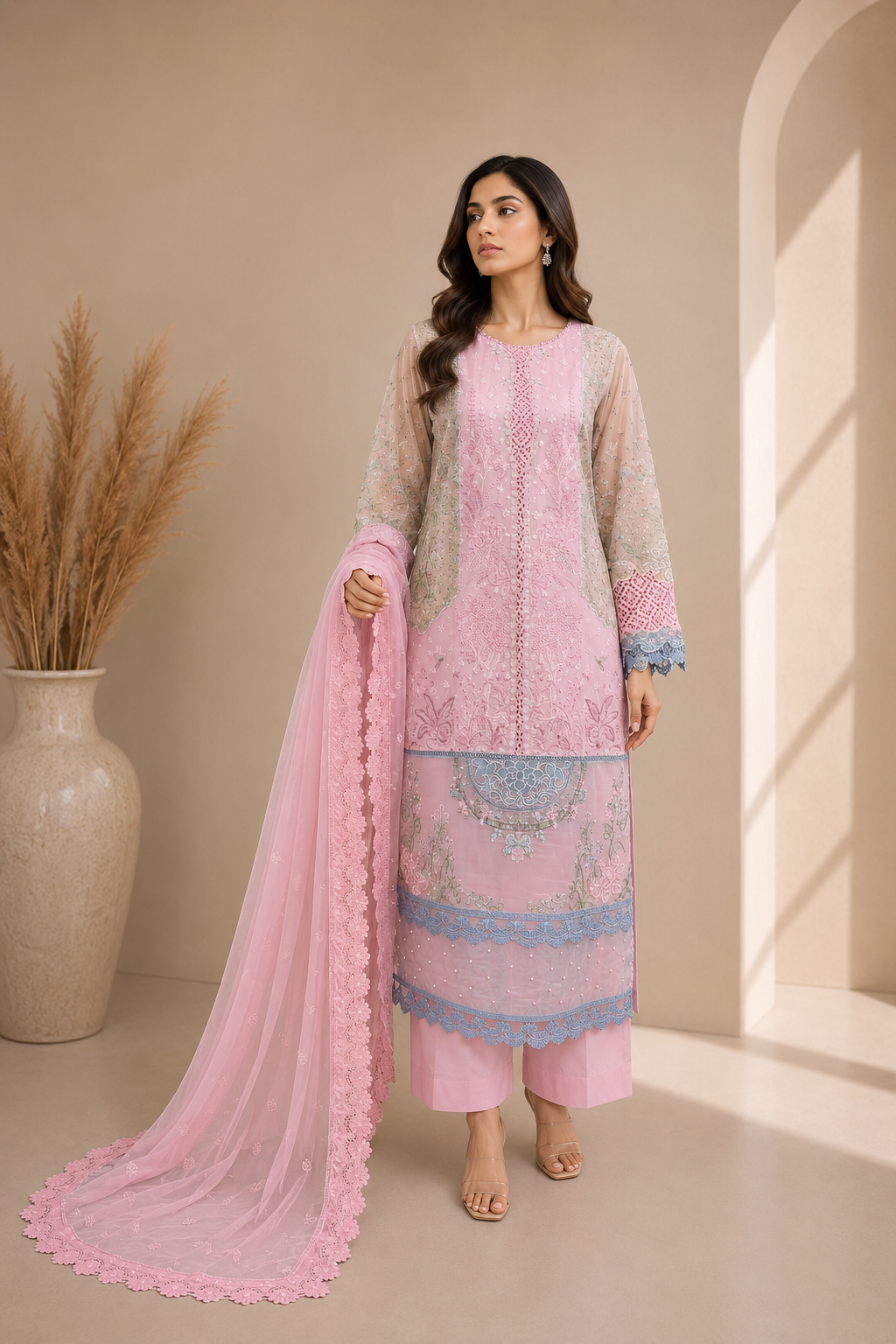 Pink Embroidered Pakistani Lawn Suit for Women | Ready-to-Wear Maria B Salwar Kameez | EL-26-09
