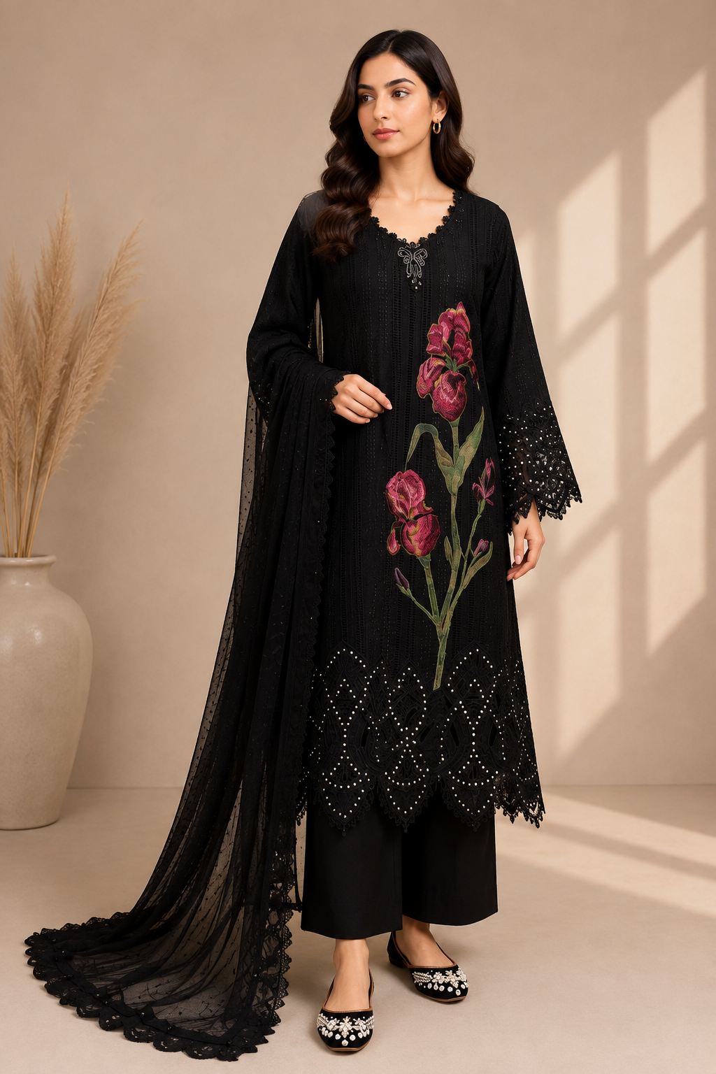 Black Embroidered Pakistani 3-Piece Lawn Suit – Custom Stitched | EL-26-10