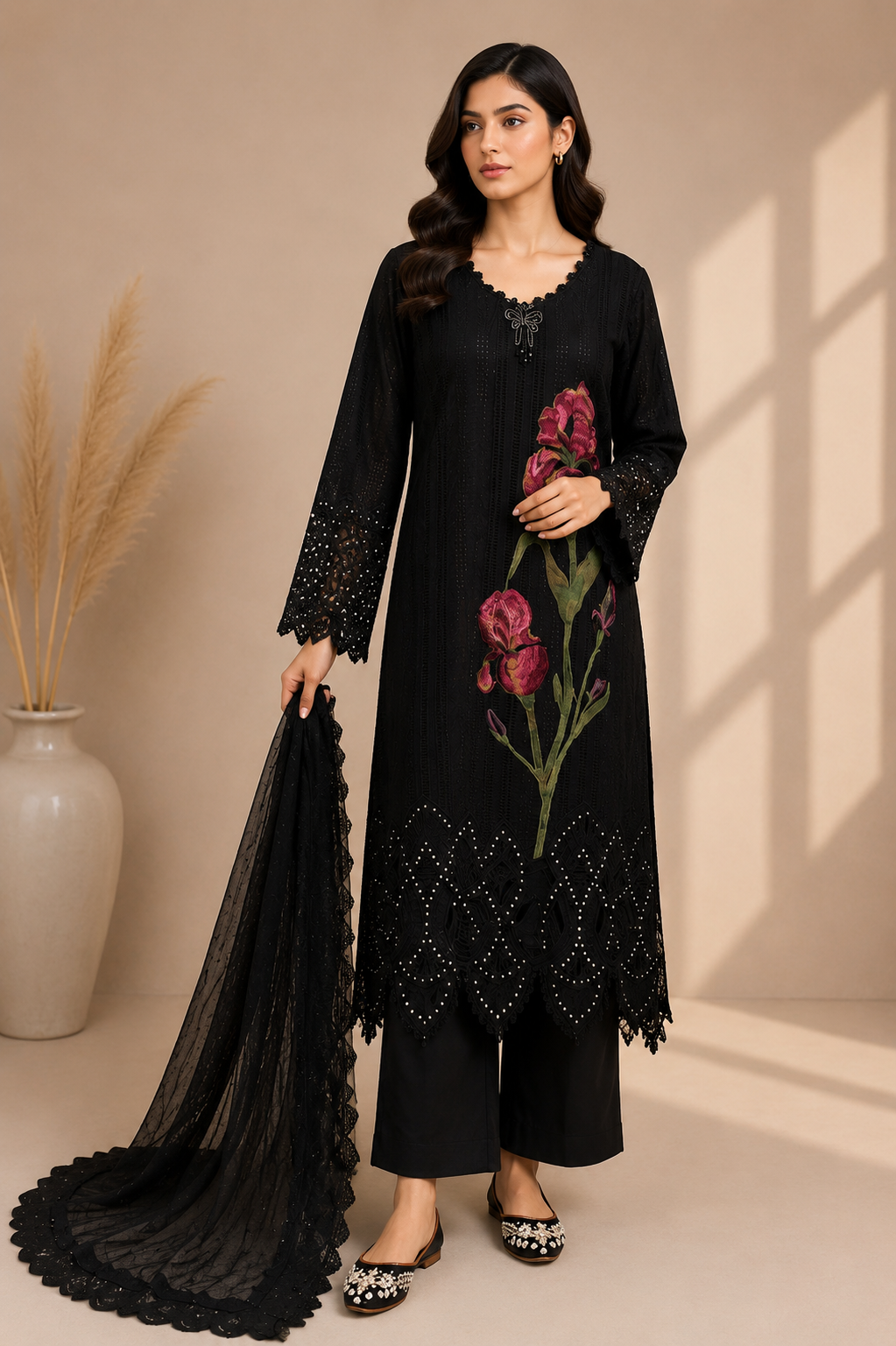 Black Embroidered Pakistani 3-Piece Lawn Suit – Custom Stitched | EL-26-10