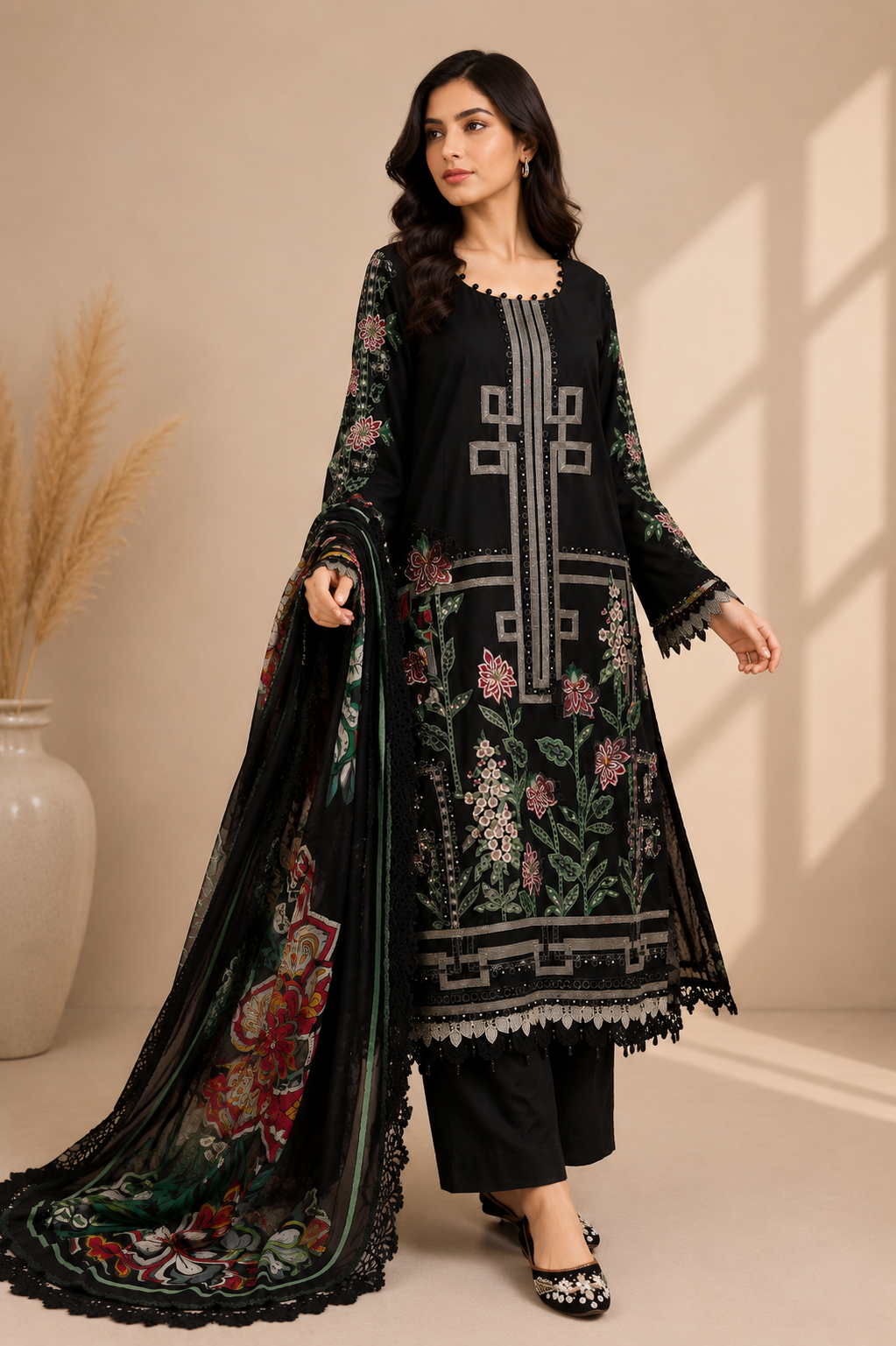 Black Embroidered Jacquard Lawn 3 Piece Stitched Suit for Women | Luxury Pakistani Designer Inspired Dress