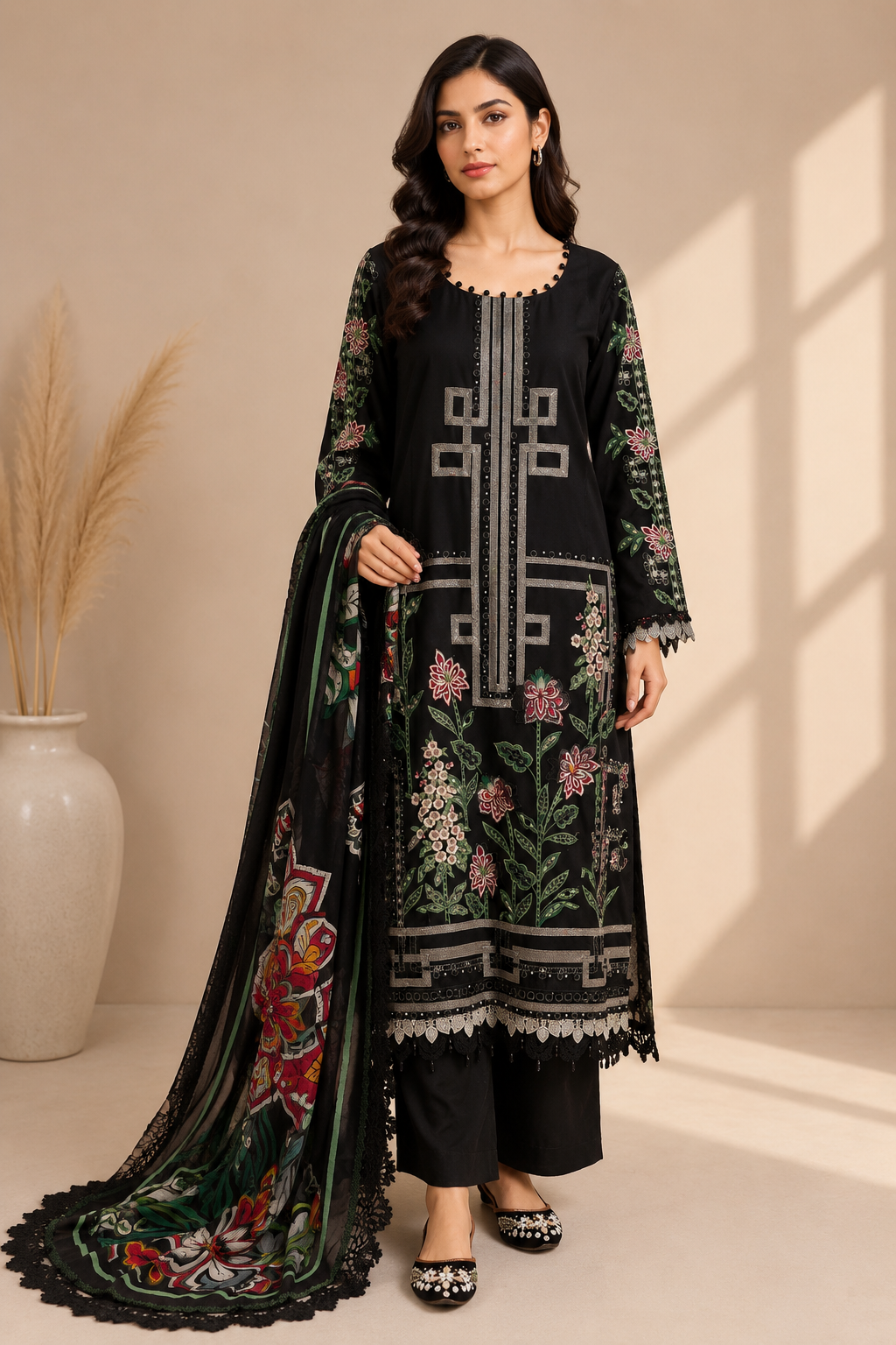 Black Embroidered Jacquard Lawn 3 Piece Stitched Suit for Women | Luxury Pakistani Designer Inspired Dress