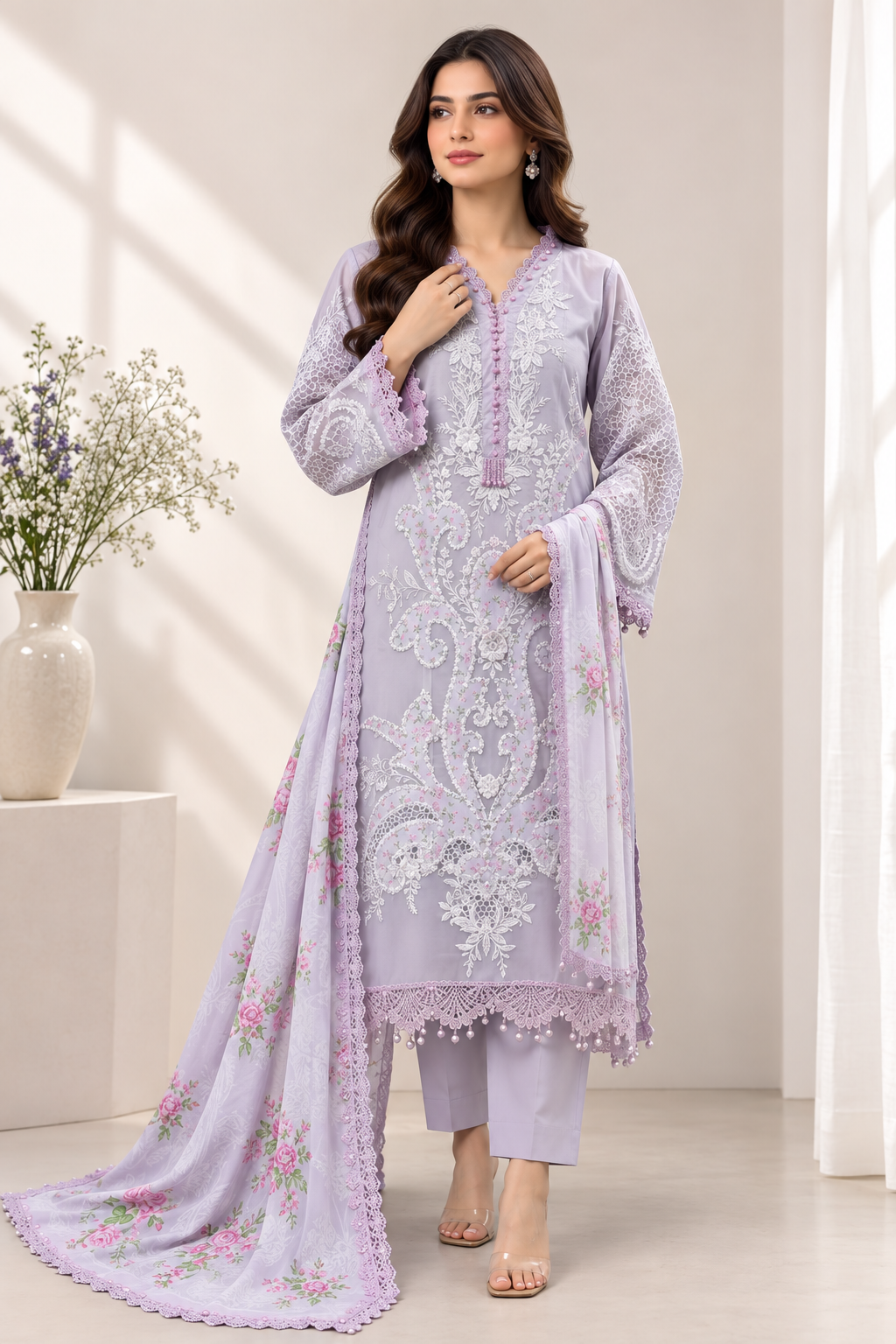 Lilac embroidered Pakistani Indian luxury lawn stitched suit for women in US