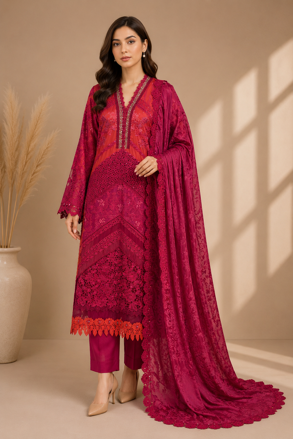 Maria.B EL-26-13 rust embroidered Pakistani lawn 3-piece suit