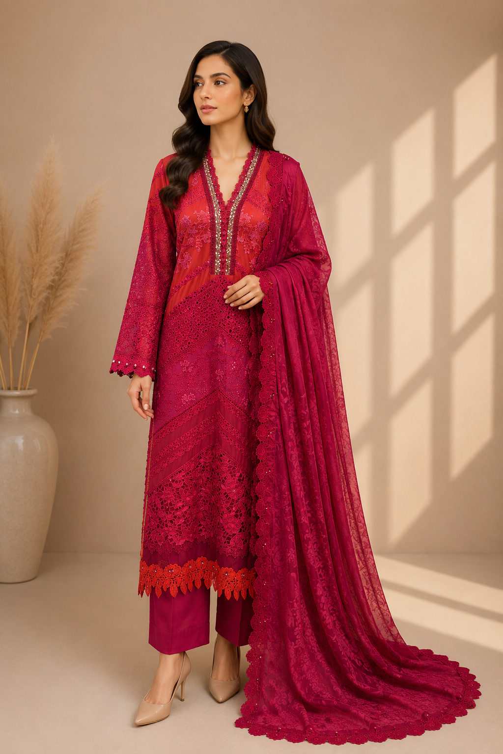 Maria.B EL-26-13 rust embroidered Pakistani lawn 3-piece suit