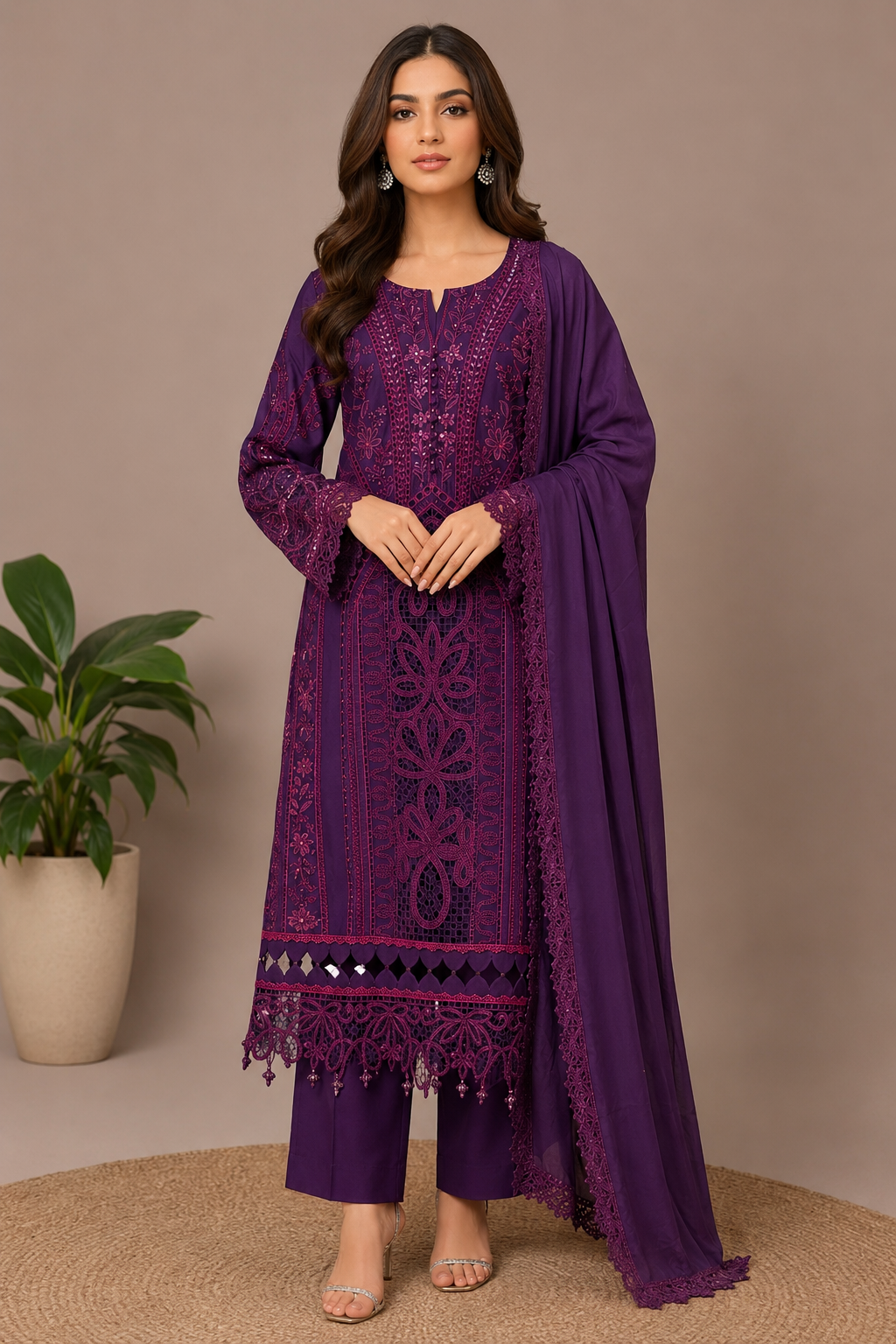 Purple embroidered Pakistani lawn 3-piece suit for women