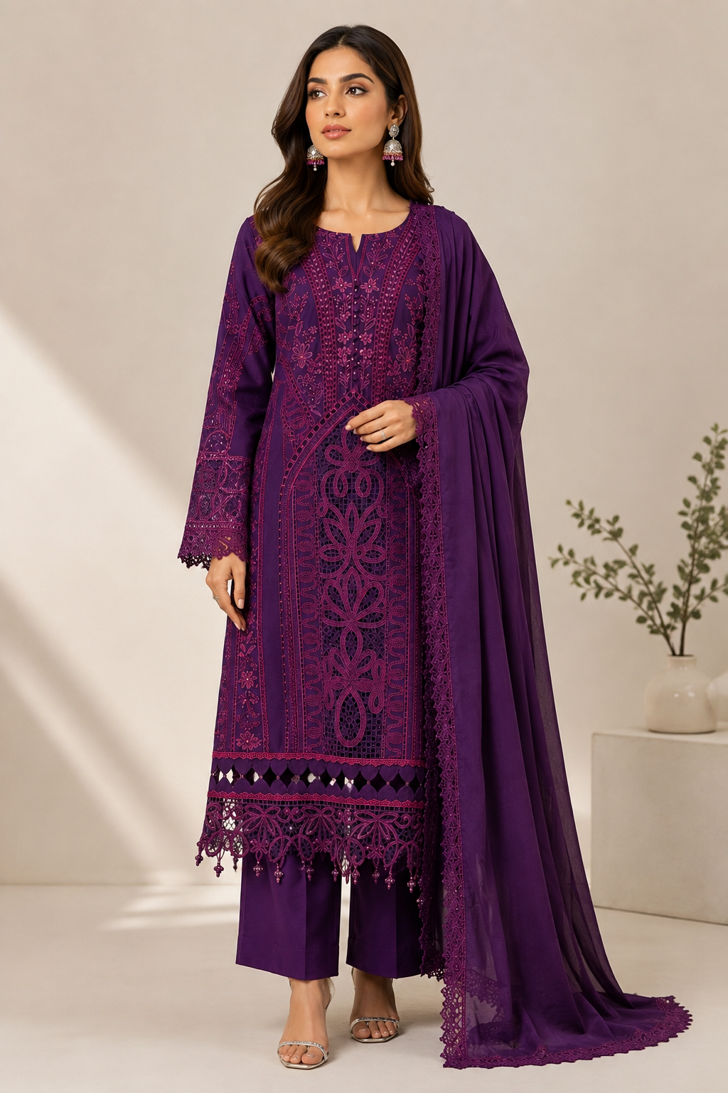 Purple embroidered Pakistani lawn 3-piece suit for women