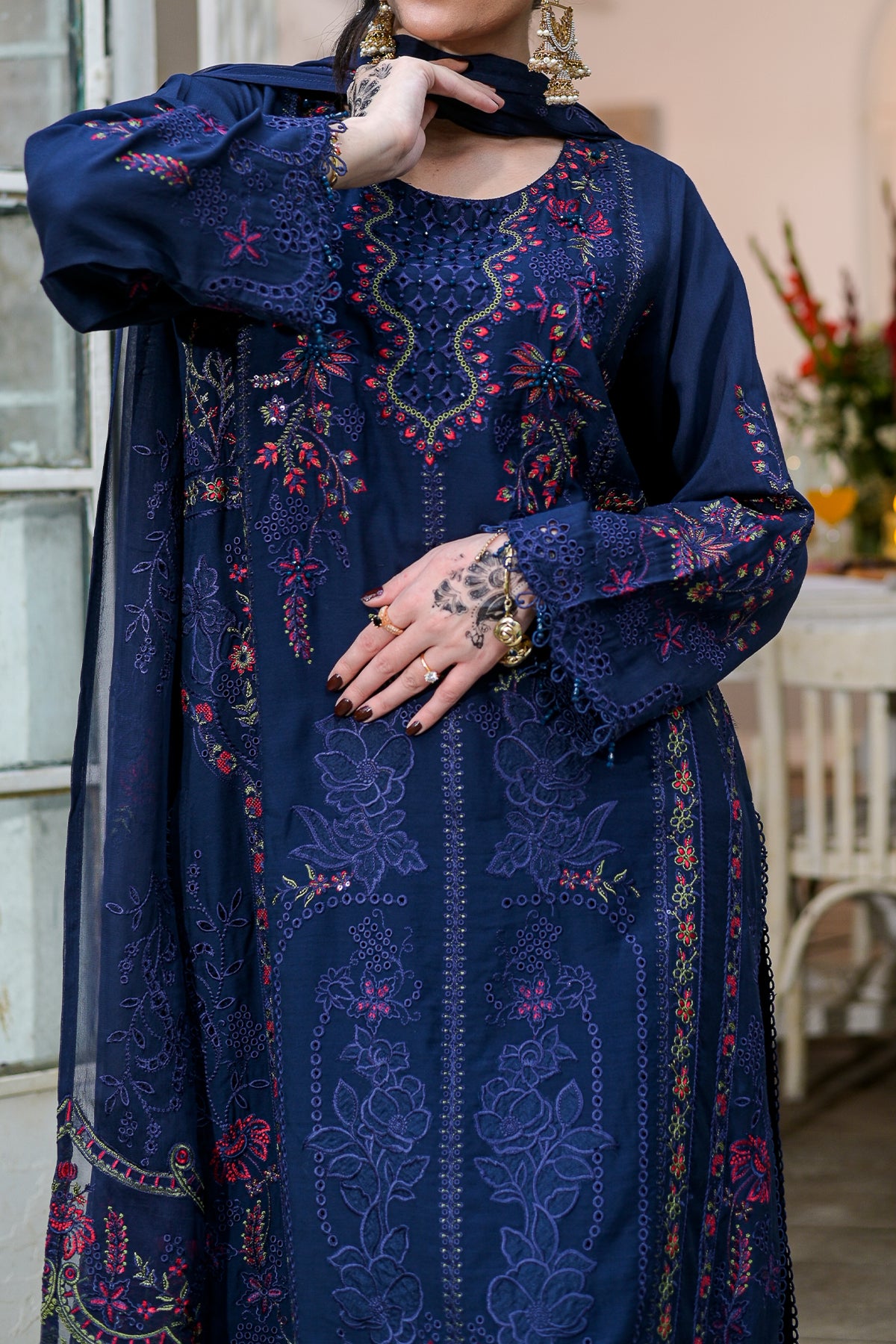 Blue Embroidered Viscose 3-Piece Suit | Hand Beading | Zarufa Creations | VS-597