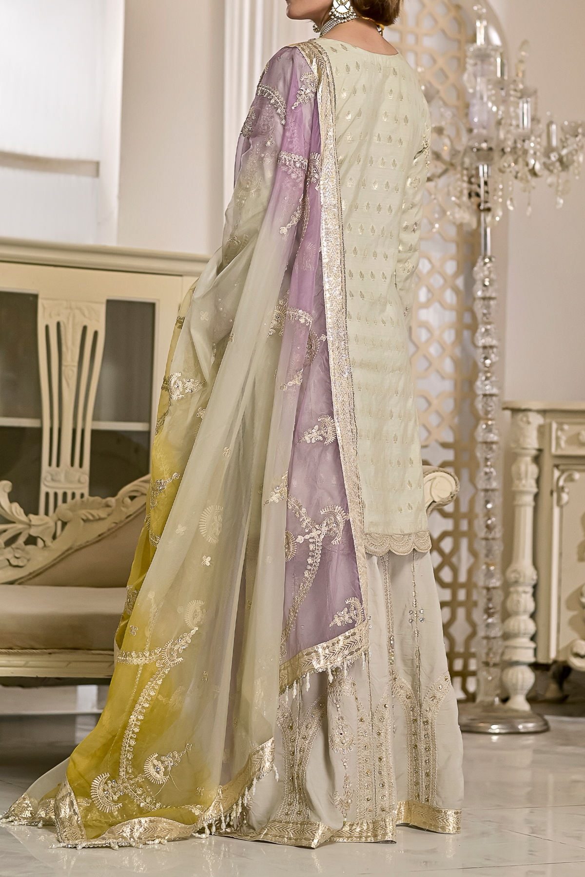 Pistachio golden lurex jacquard sharara suit with aari embroidery – Zarufa Creations RK-1288