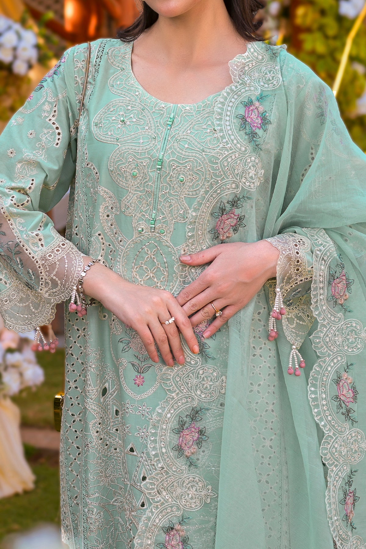Powder Blue Embroidered Cotton 3-Piece Suit with Organza Patches | CTN-469