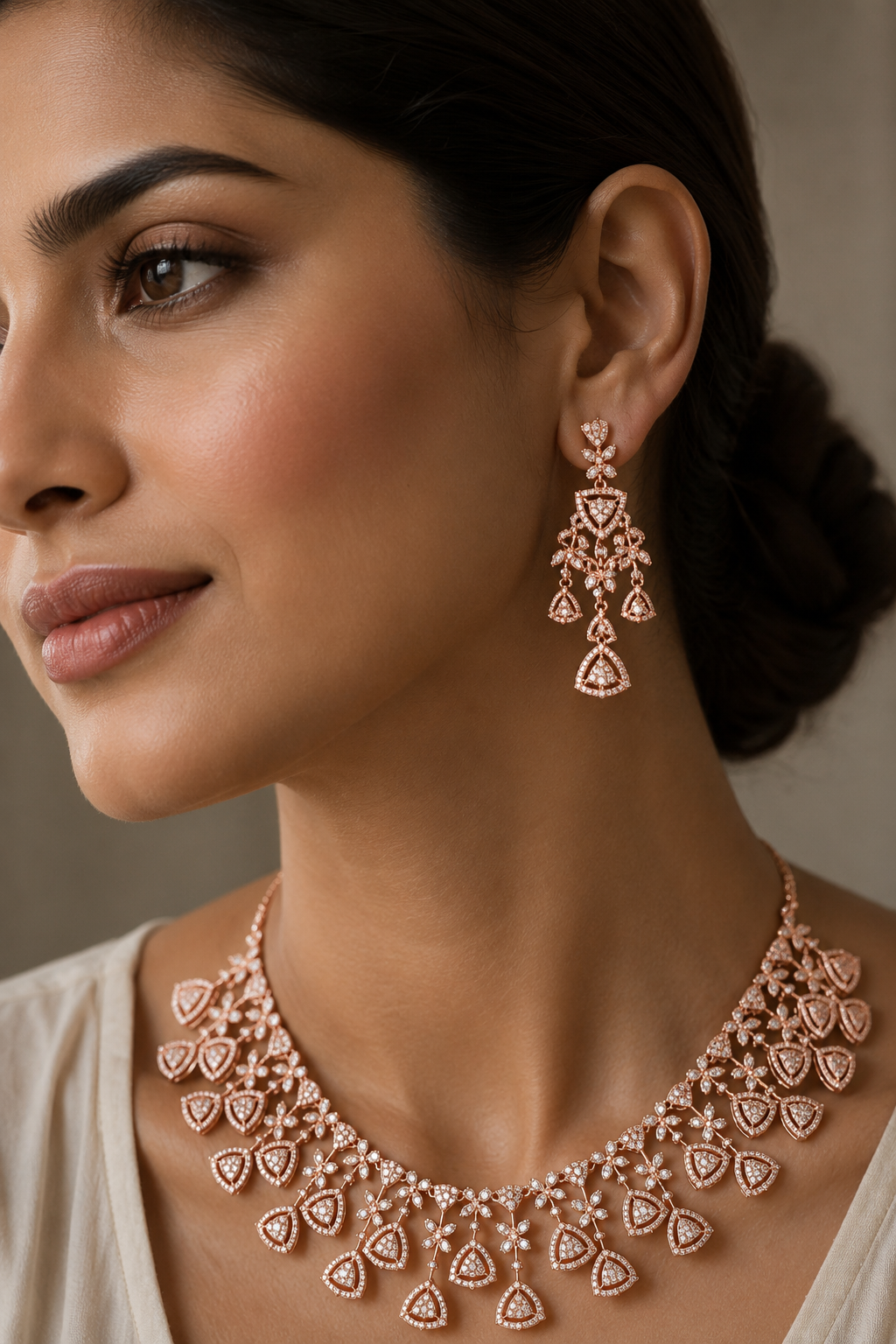 Rose Gold Bridal Necklace & Earrings Set | Zarufa Creations