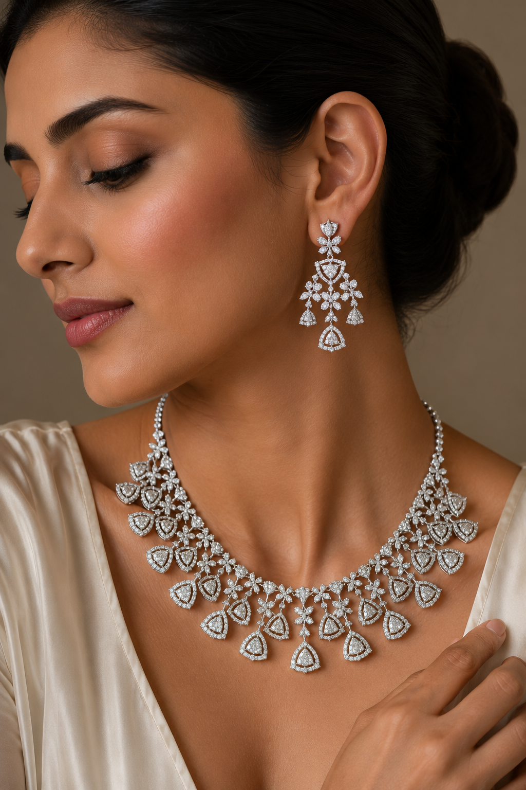 White-Tone Bridal Necklace & Earrings Set | South Asian Wedding Jewelry | Zarufa