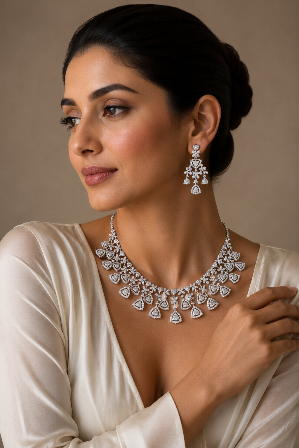 White-Tone Bridal Necklace & Earrings Set | South Asian Wedding Jewelry | Zarufa
