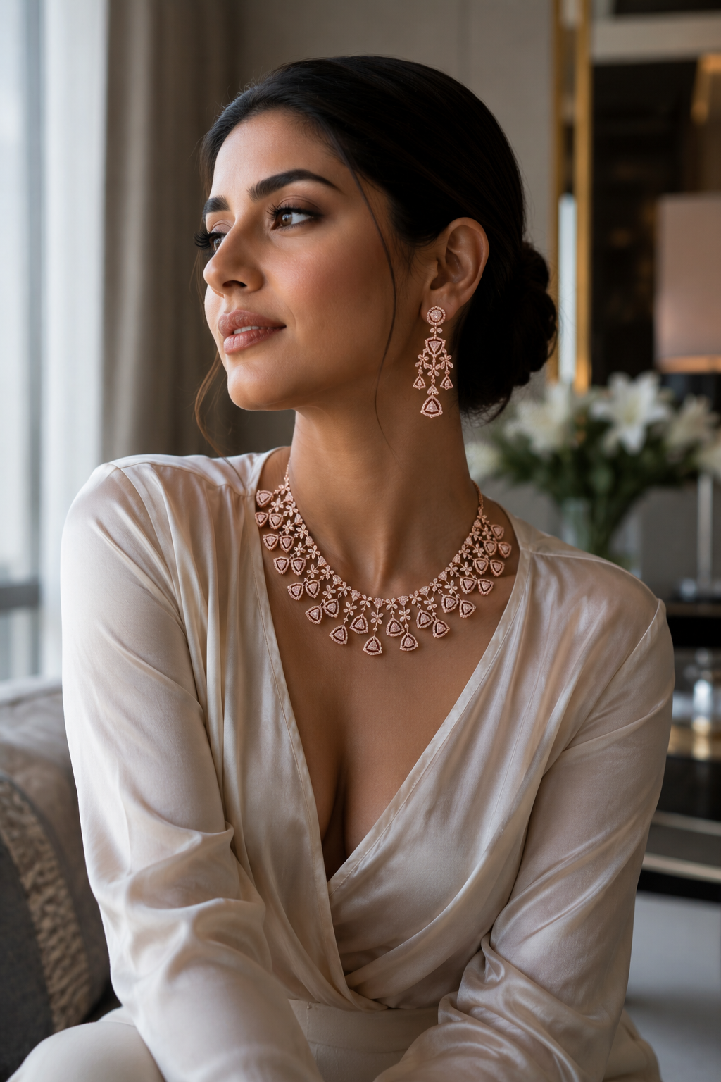 Rose Gold Bridal Necklace & Earrings Set | Zarufa Creations
