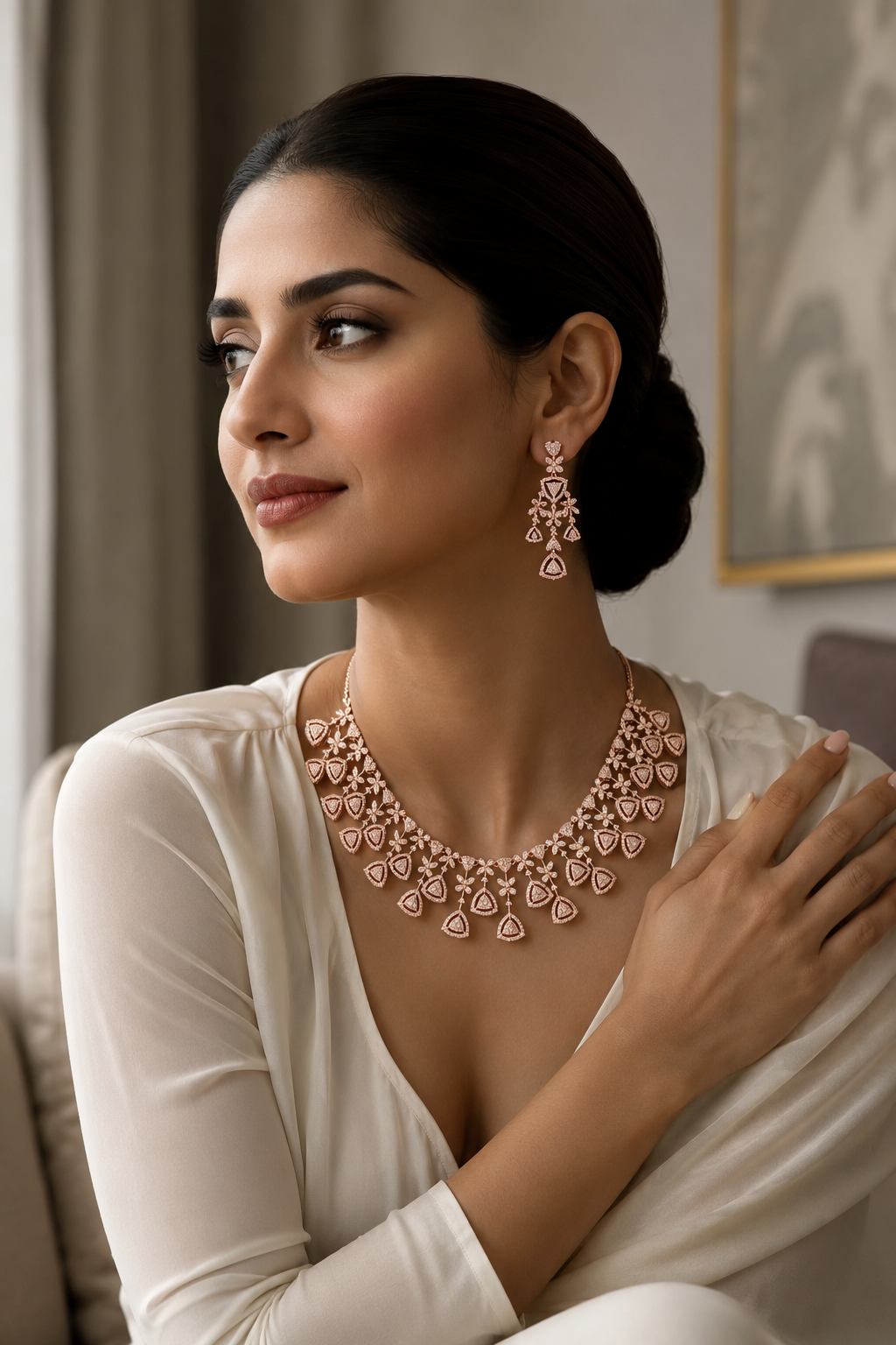 Rose Gold Bridal Necklace & Earrings Set | Zarufa Creations