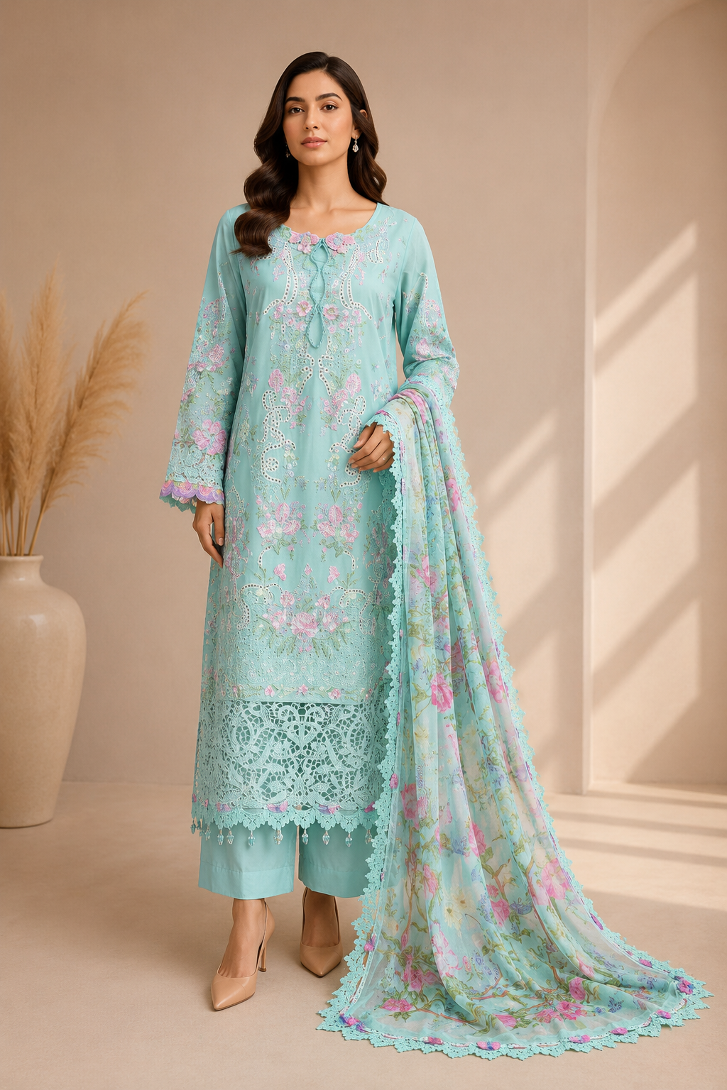 A woman models a traditional three-piece salwar kameez suit in mint green, featuring floral embroidery, lace borders, and a matching dupatta, set against a warm beige background with a decorative vase.