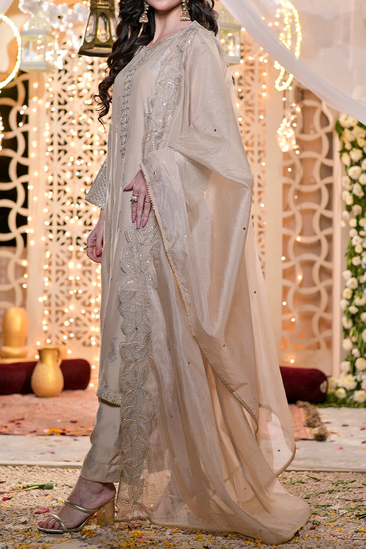 Beige ready to wear 3-piece embroidered shalwar kameez for women