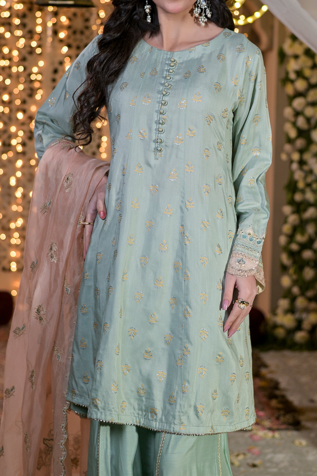 Sea-green ready to wear embroidered sharara suit with silk dupatta