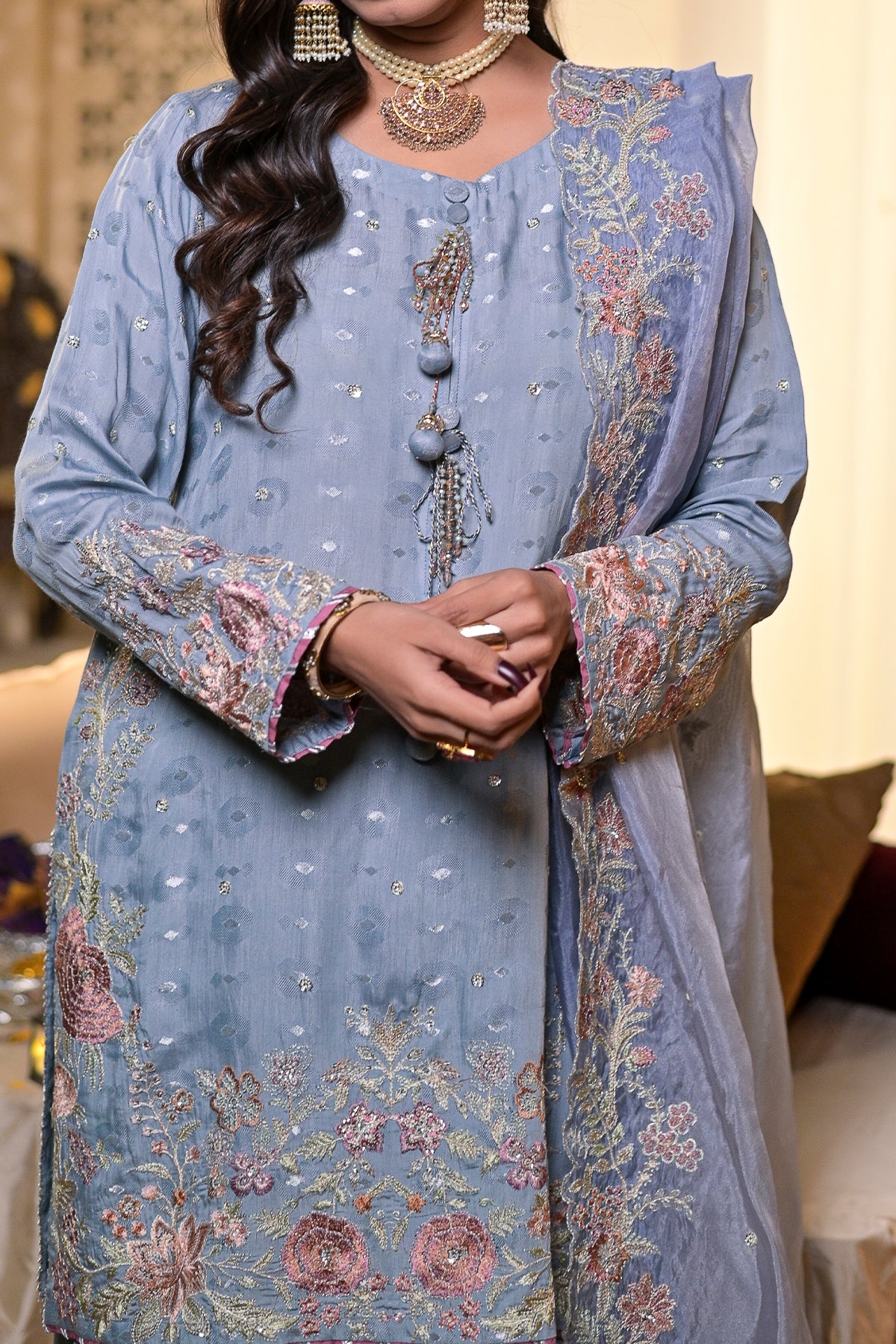 Powder blue embroidered gharara suit – 3-piece ready to wear shalwar kameez