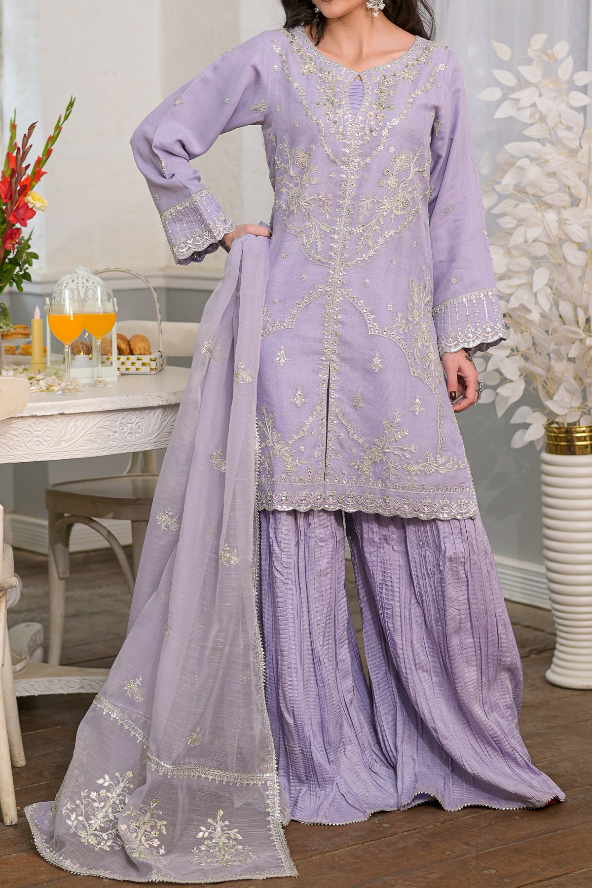 Lilac embroidered shirt sharara 3-piece soft slub suit – Zarufa Creations