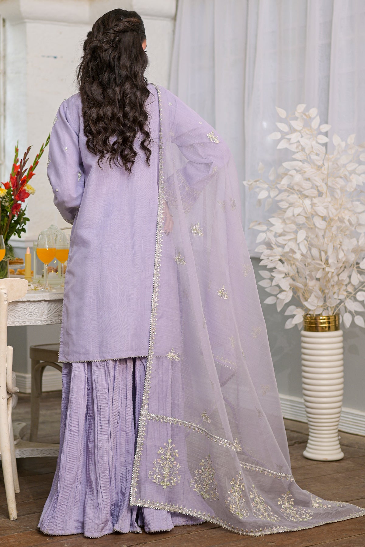 Lilac Embroidered Shirt Sharara 3-Piece | Soft Slub & Viscose | FJ-286