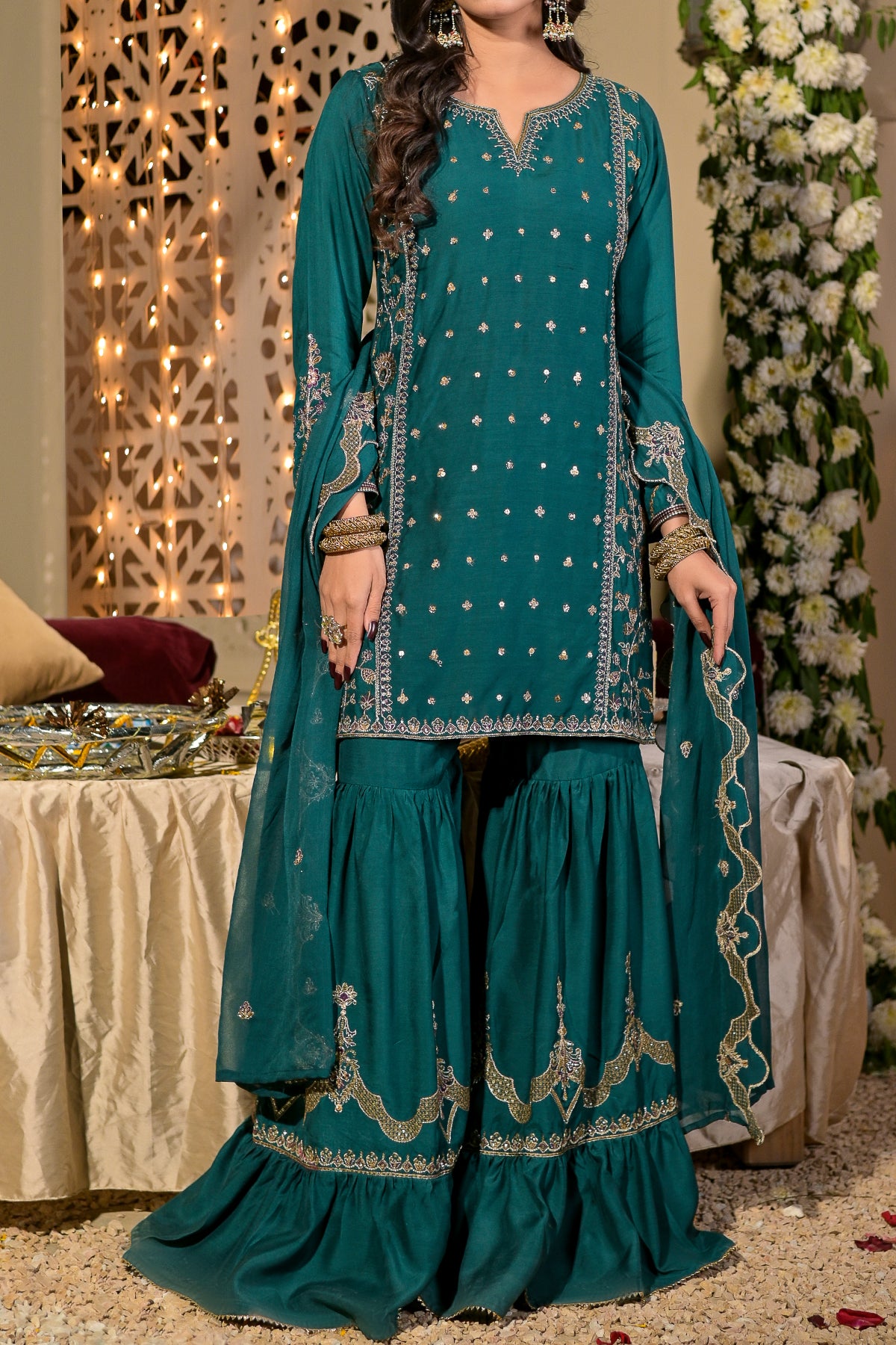 Zinc ready to wear garara salwar kameez with tilla embroidery and chiffon dupatta