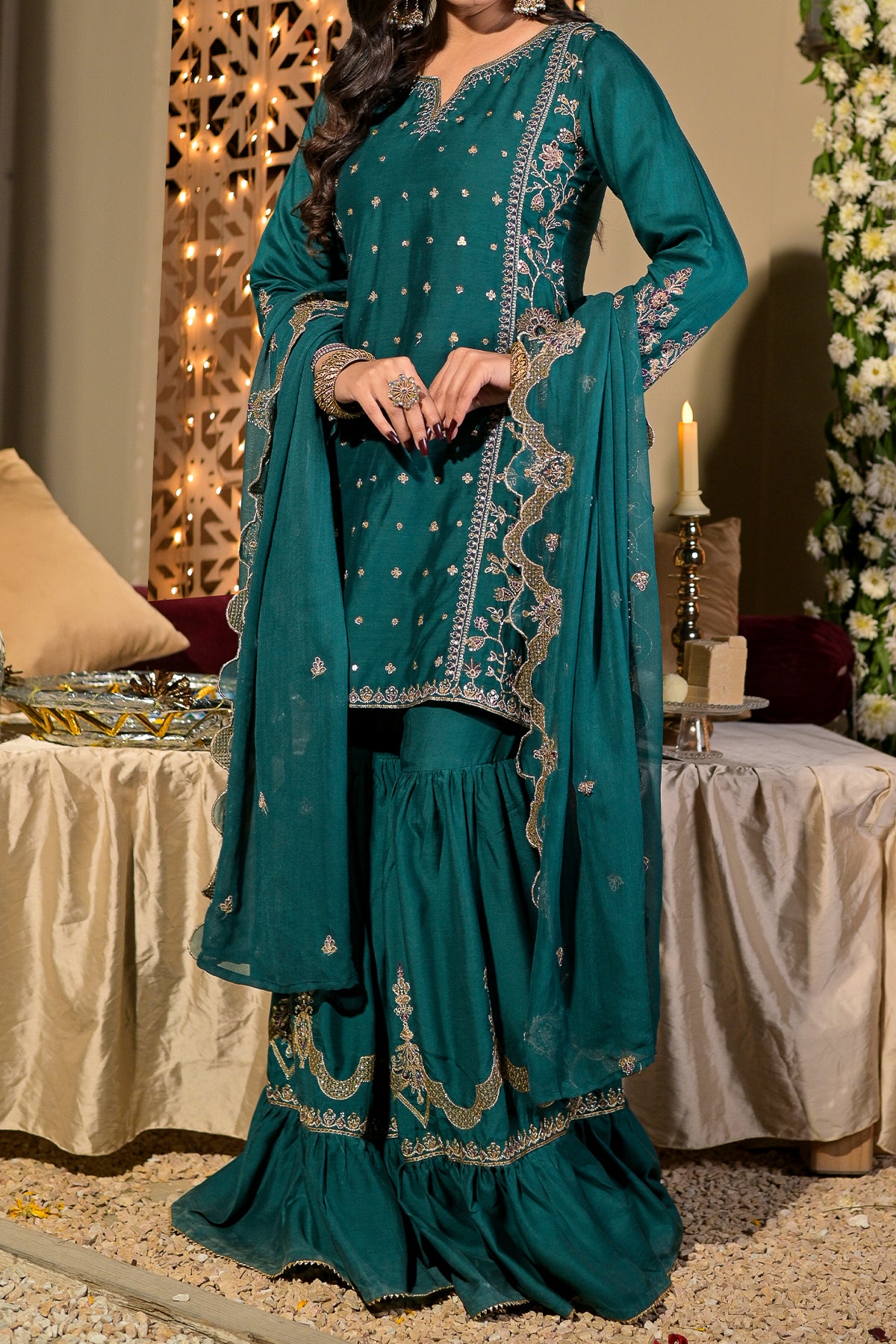 Zinc ready to wear garara salwar kameez with tilla embroidery and chiffon dupatta
