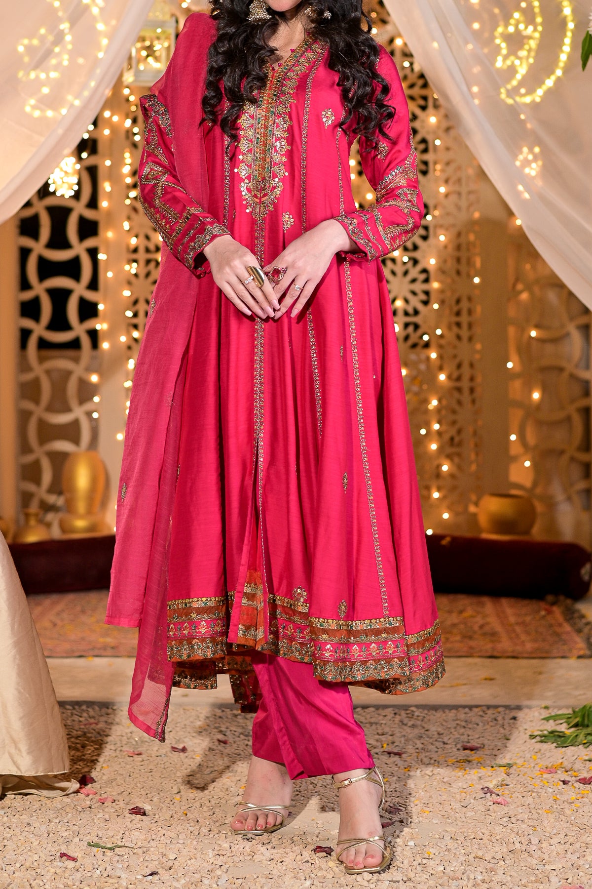 Shocking pink frock style shalwar kameez with sequin embroidery – 3-piece ready to wear