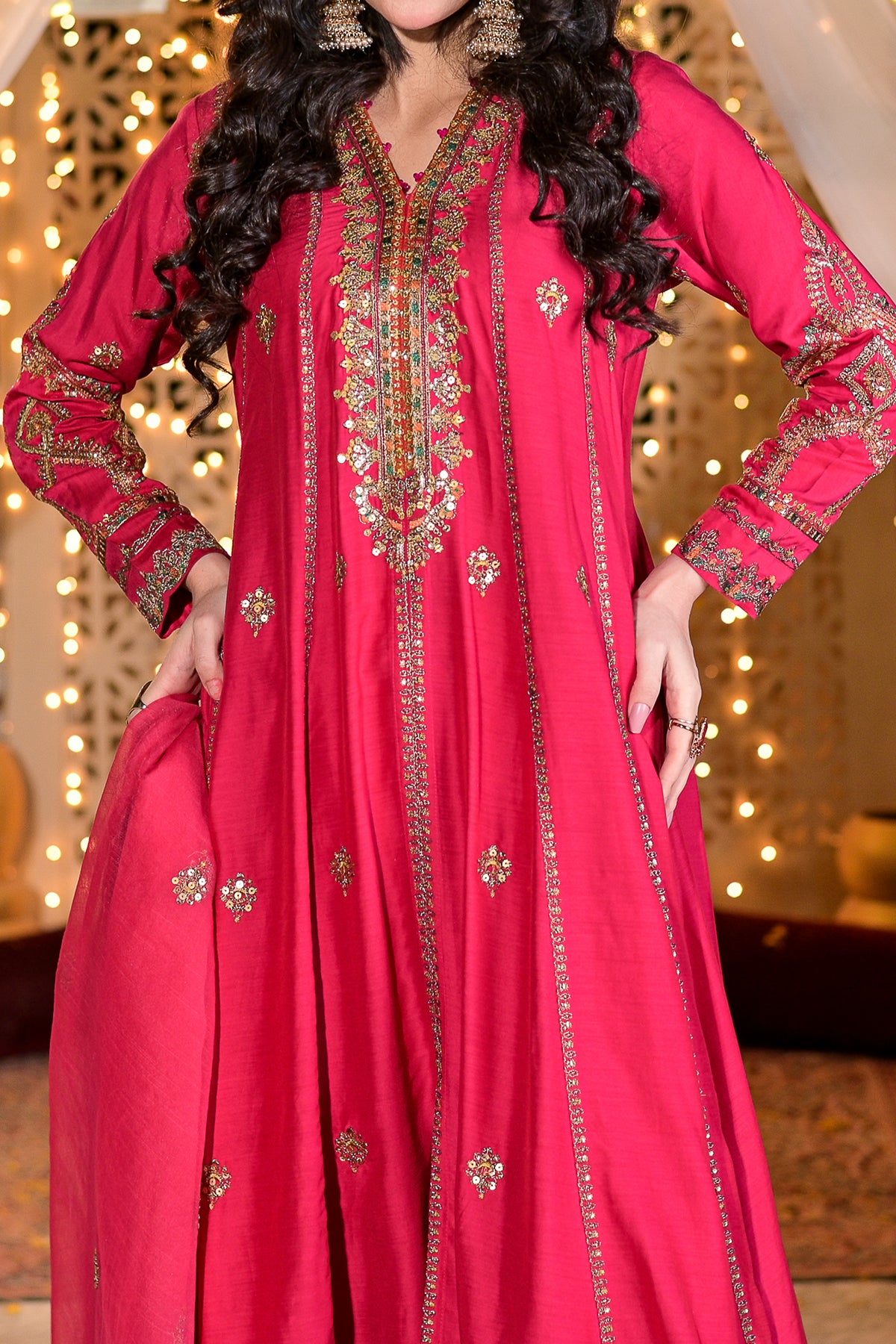 Shocking pink frock style shalwar kameez with sequin embroidery – 3-piece ready to wear