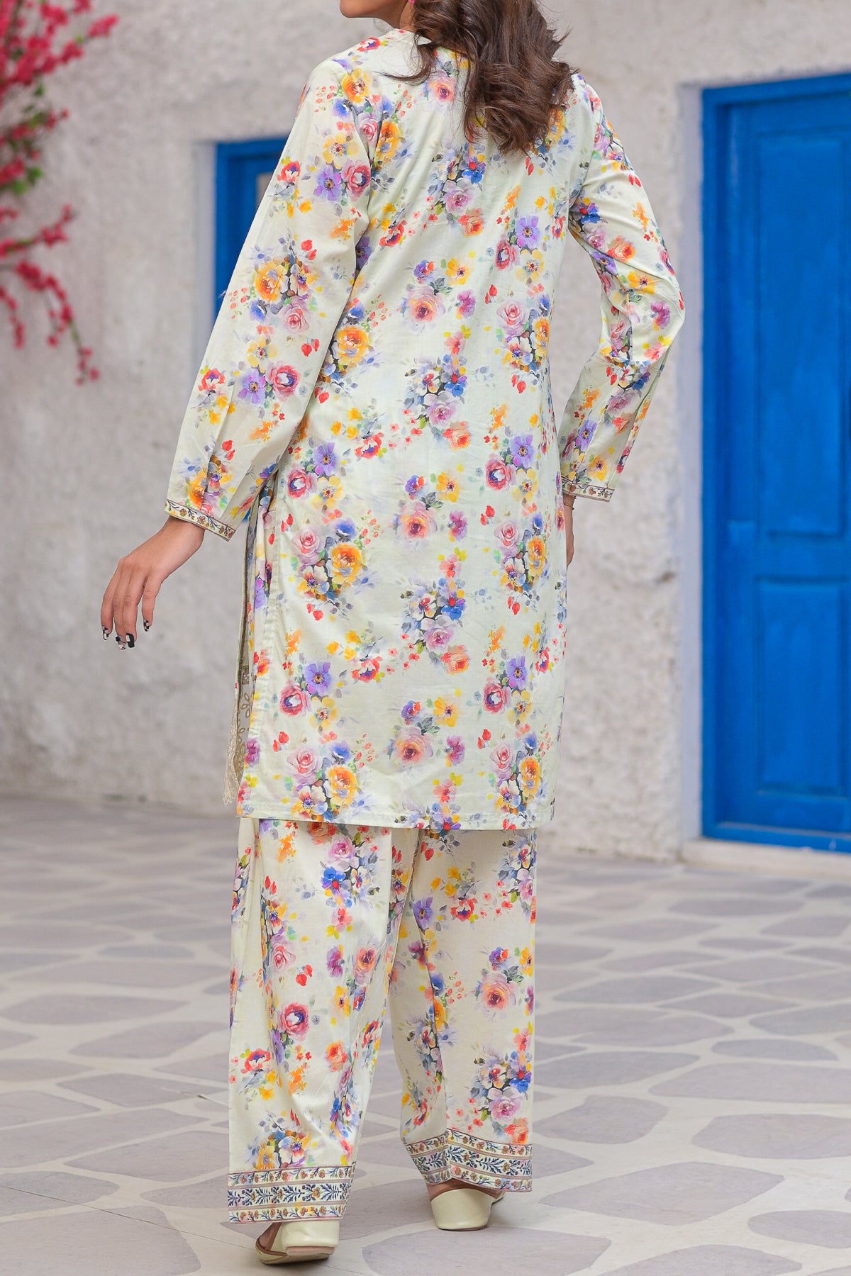 Milky white digital print lawn 2-piece suit with embroidered patch and tassel neckline