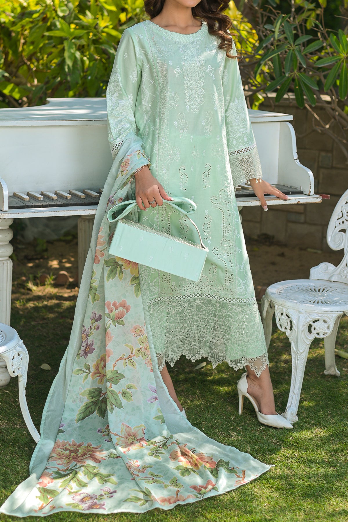 Mint green 3-piece digital print lawn suit with appliqué embroidery – DPC-430 Zarufa Creations