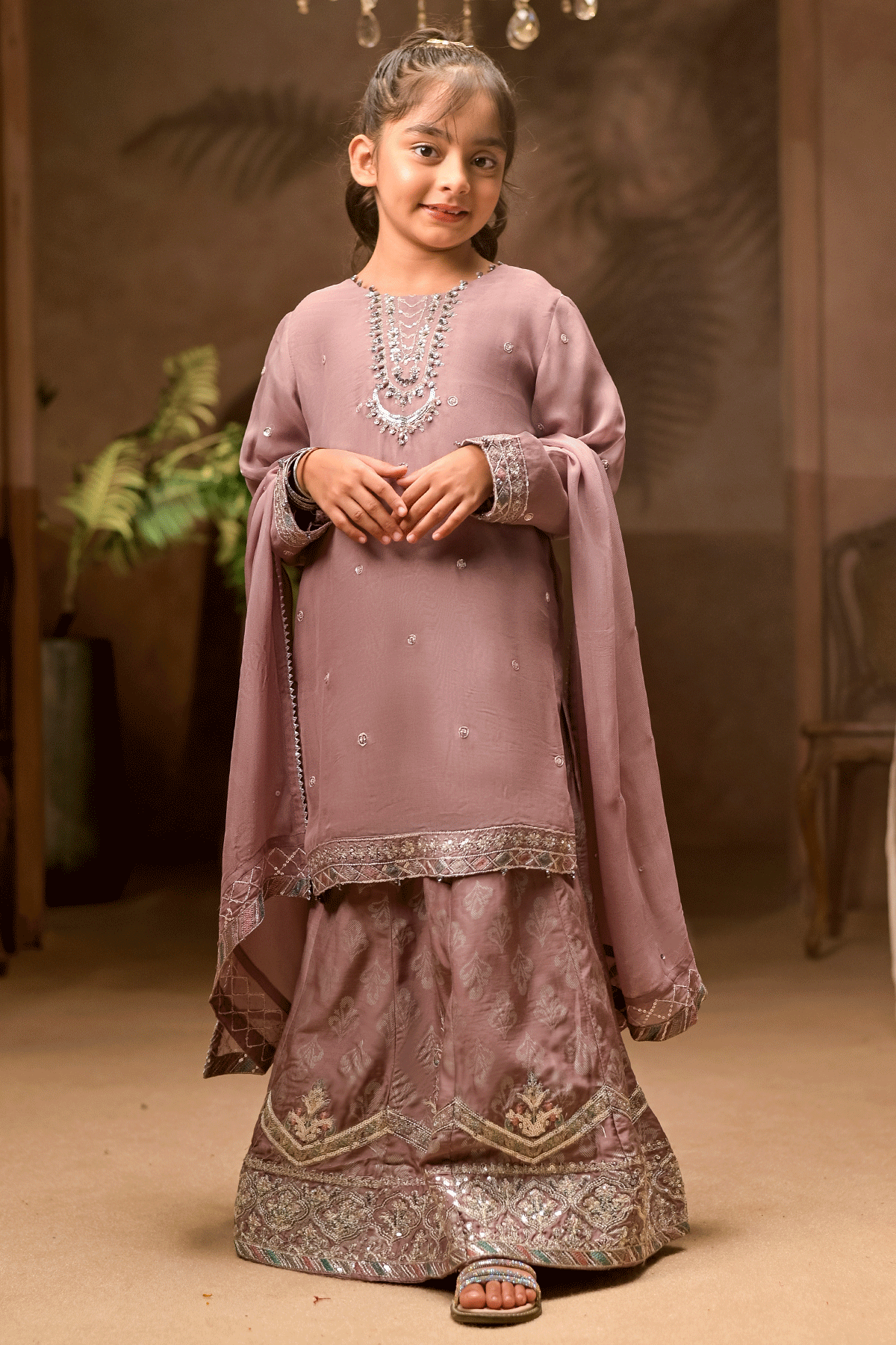 Mauve embroidered shirt lehenga 3-piece set for girls — formal occasion wear