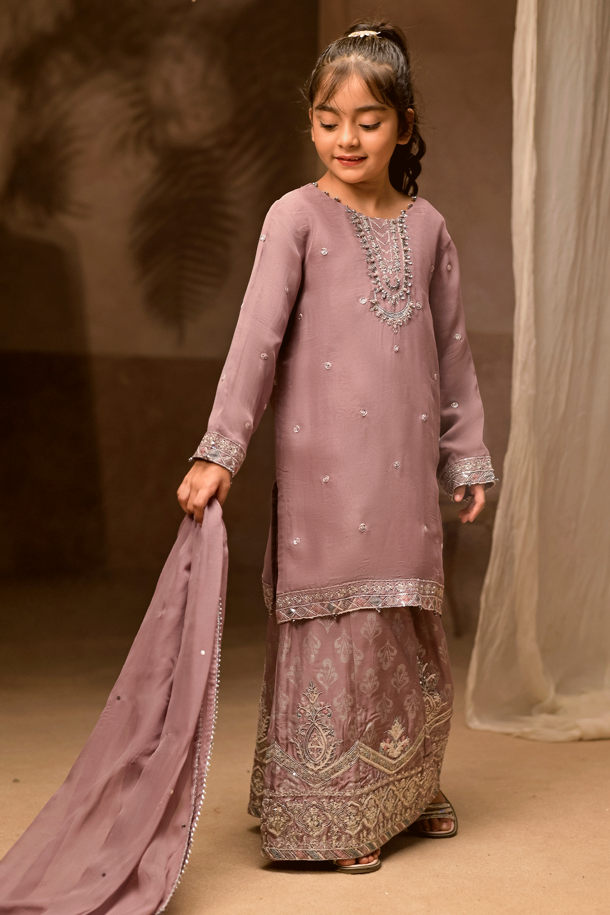 Mom & Me | Mauve Embroidered Shirt Lehenga | Formal 3-Piece Set | CHN2437