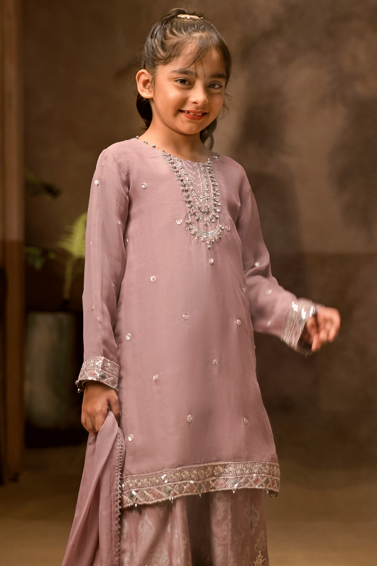 Mauve embroidered shirt lehenga 3-piece set for girls — formal occasion wear