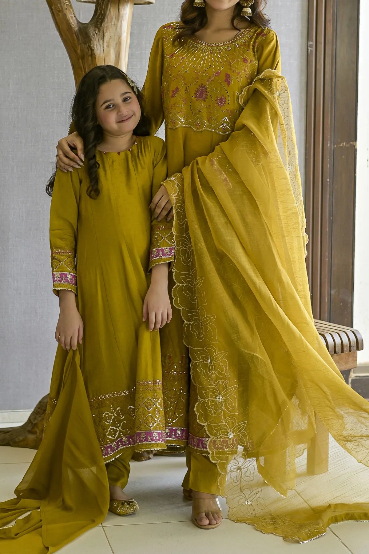 Mustard embroidered viscose Pakistani salwar kameez front view – Zarufa Creations
