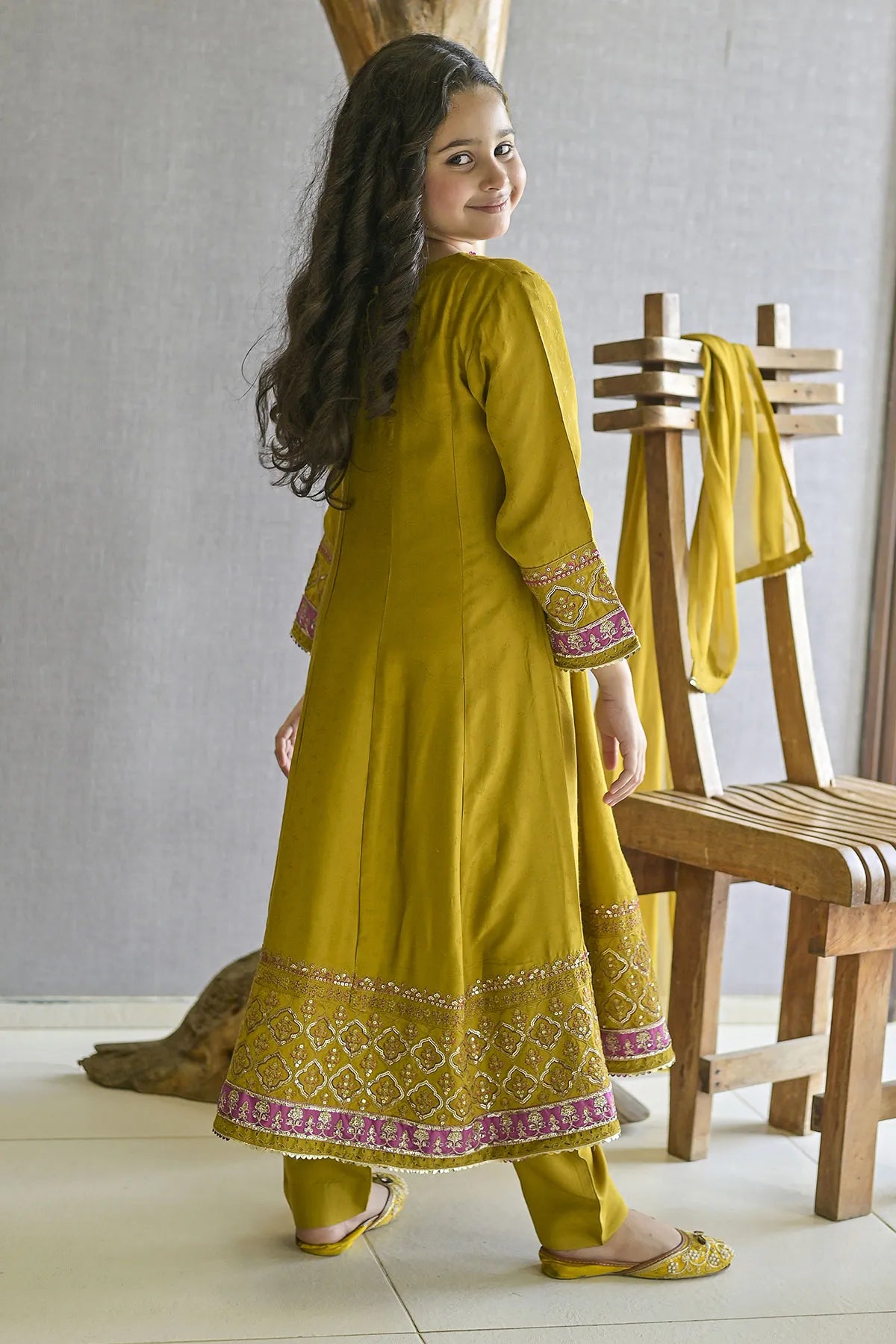 Mustard Embroidered Viscose 3-Piece Suit – Kids | Girls Pakistani Salwar Kameez | VS 572