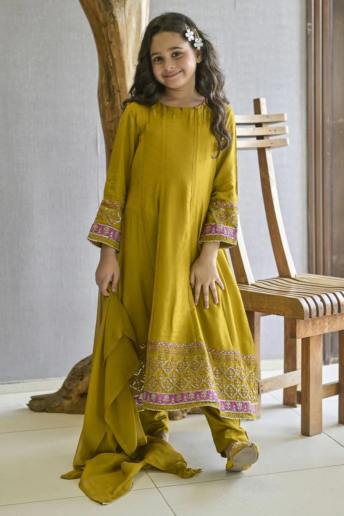 Mustard Embroidered Viscose 3-Piece Suit – Kids | Girls Pakistani Salwar Kameez | VS 572