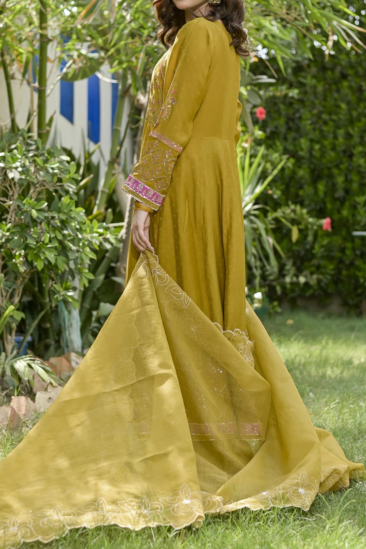 Mustard embroidered viscose Pakistani salwar kameez front view – Zarufa Creations