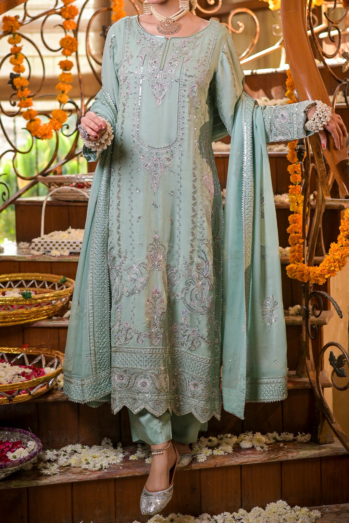 Powder blue embroidered chiffon 3-piece ready to wear outfit with Zarufa embellishments