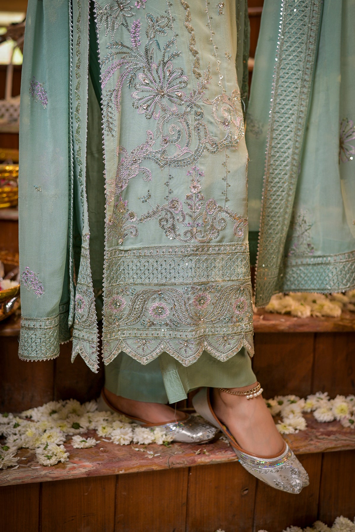 Powder blue embroidered chiffon 3-piece ready to wear outfit with Zarufa embellishments