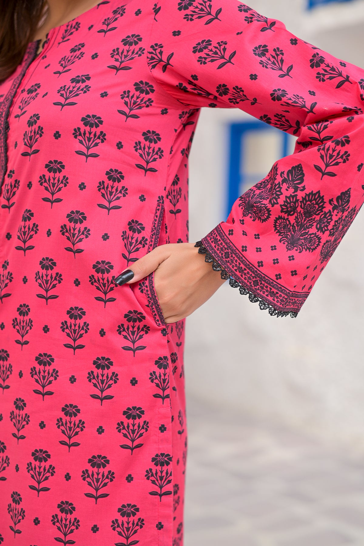 Bloom Pink & Black Floral Digital Print Lawn 2-Piece Suit | Embroidered Patch | DPC-447
