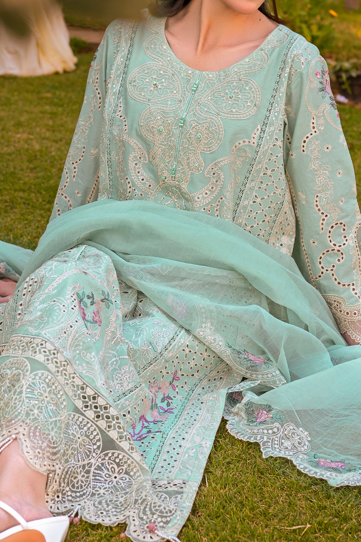 Powder Blue Embroidered Cotton 3-Piece Suit with Organza Patches | CTN-469