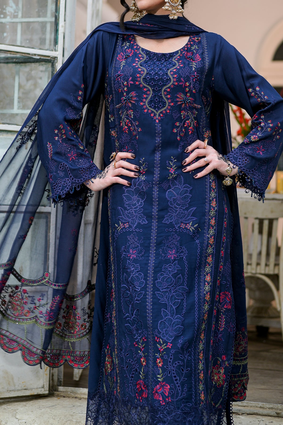 Blue Embroidered Viscose 3-Piece Suit | Hand Beading | Zarufa Creations | VS-597